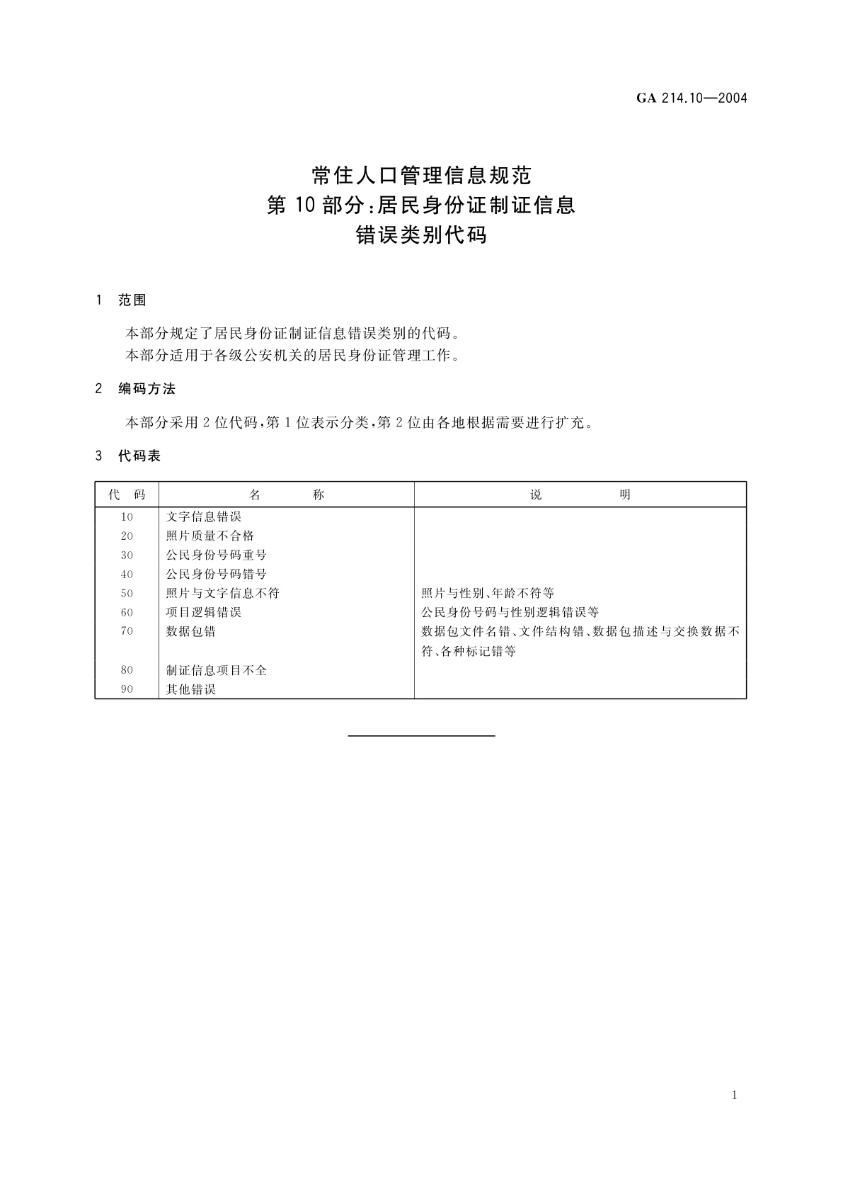 GA 214.10-2004 常住人口管理信息规范　第10部分：居民身份证制证信息错误类别代码