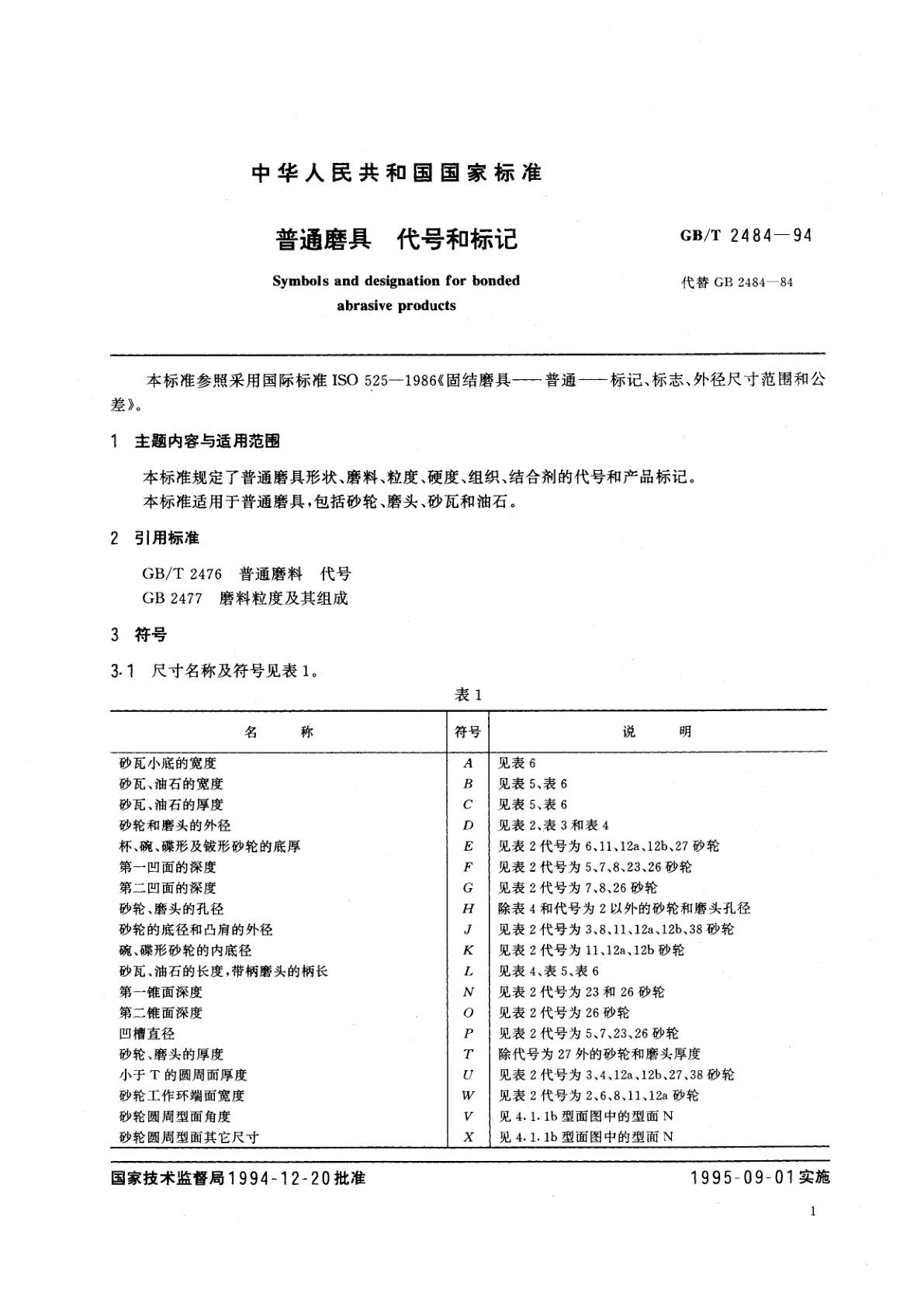GB/T 2484-1994 普通磨具　代号和标记