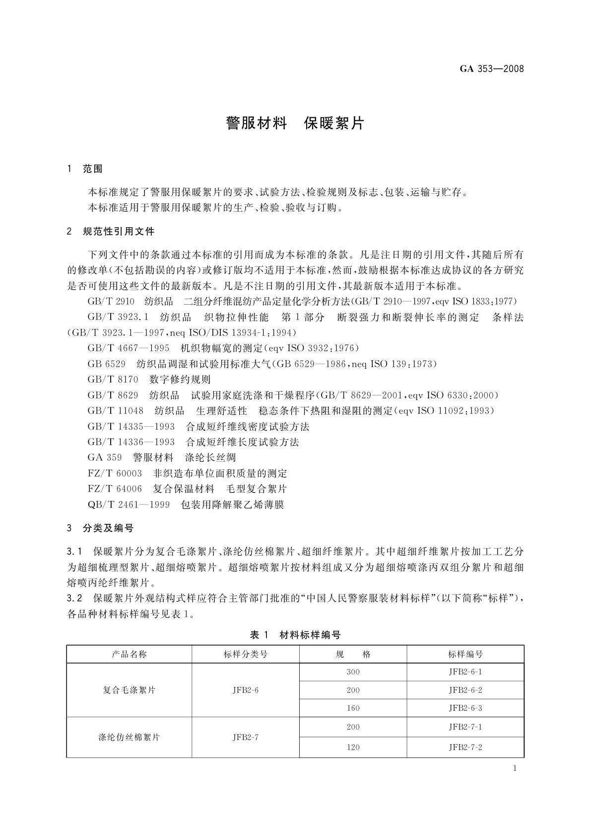 GA 353-2008 警服材料　保暖絮片