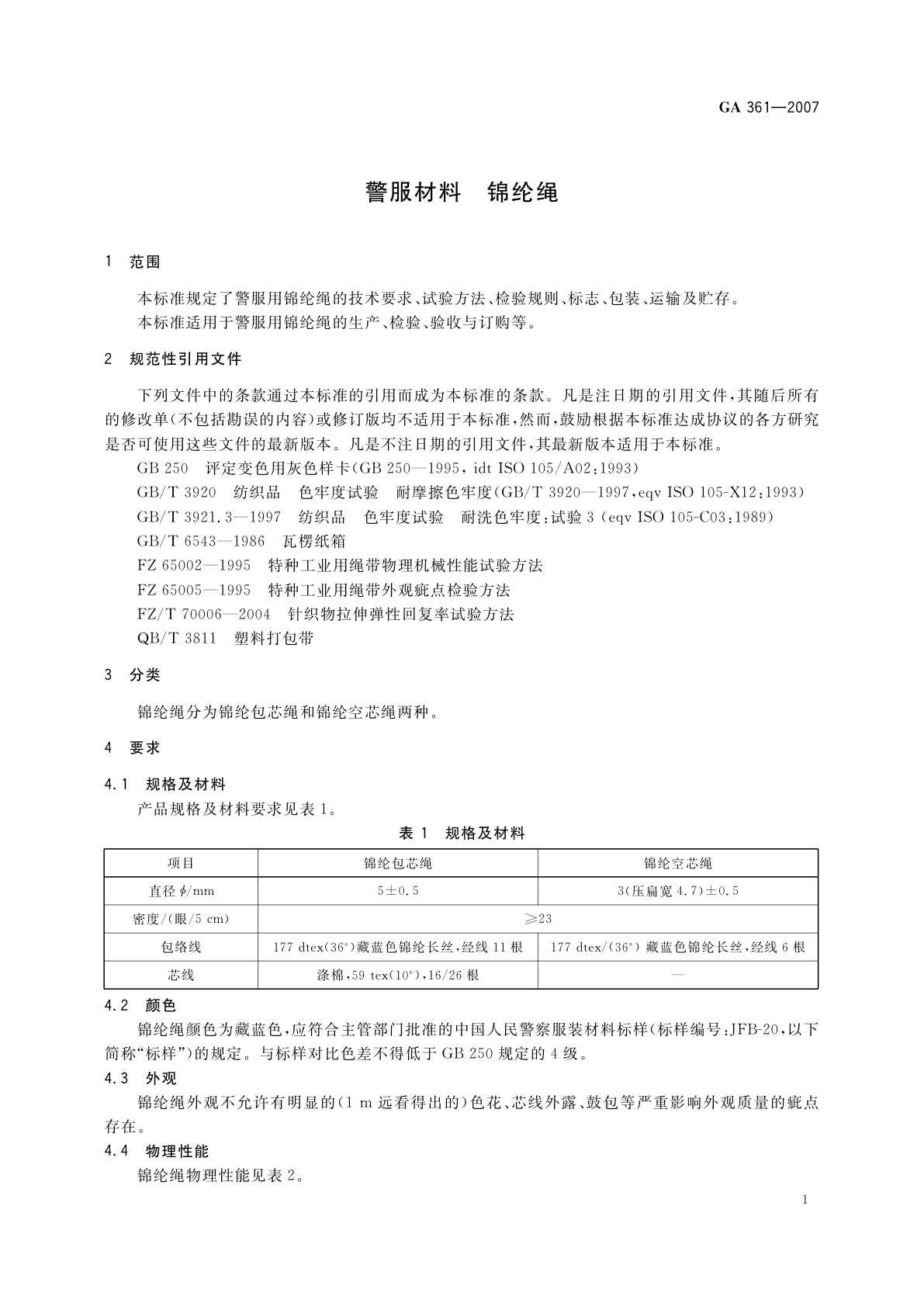 GA 361-2007 警服材料　锦纶绳