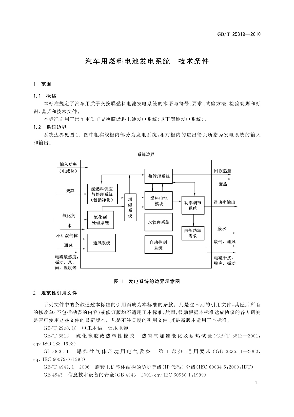 GB/T 25319-2010 汽车用燃料电池发电系统　技术条件