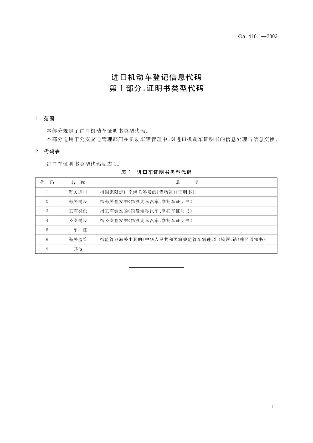 GA 410.1-2003 进口机动车登记信息代码　第1部分：证明书类型代码