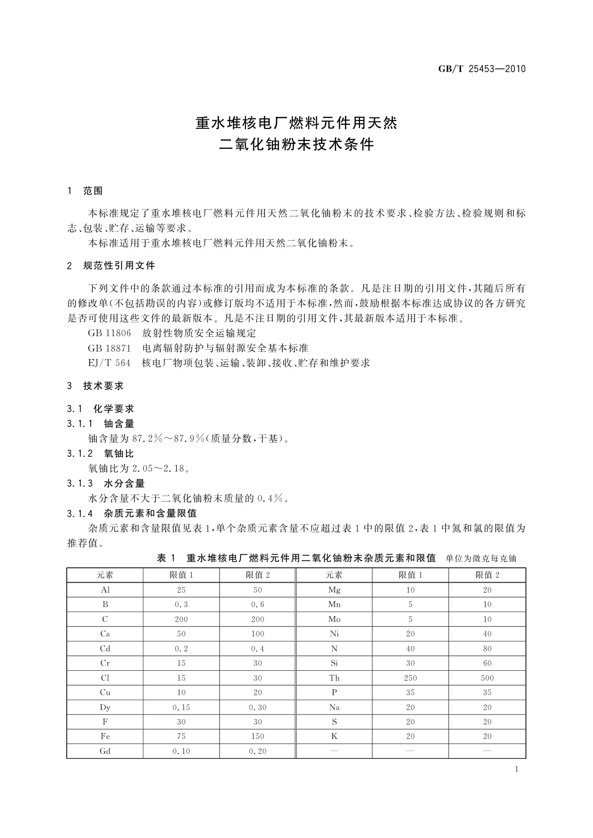 GB/T 25453-2010 重水堆核电厂燃料元件用天然二氧化铀粉末技术条件