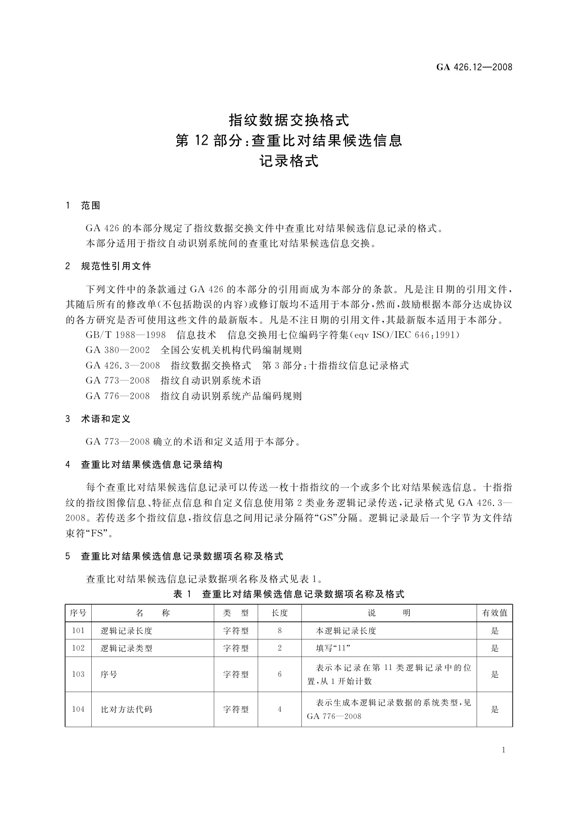 GA 426.12-2008 指纹数据交换格式　第12部分：查重比对结果候选信息记录格式