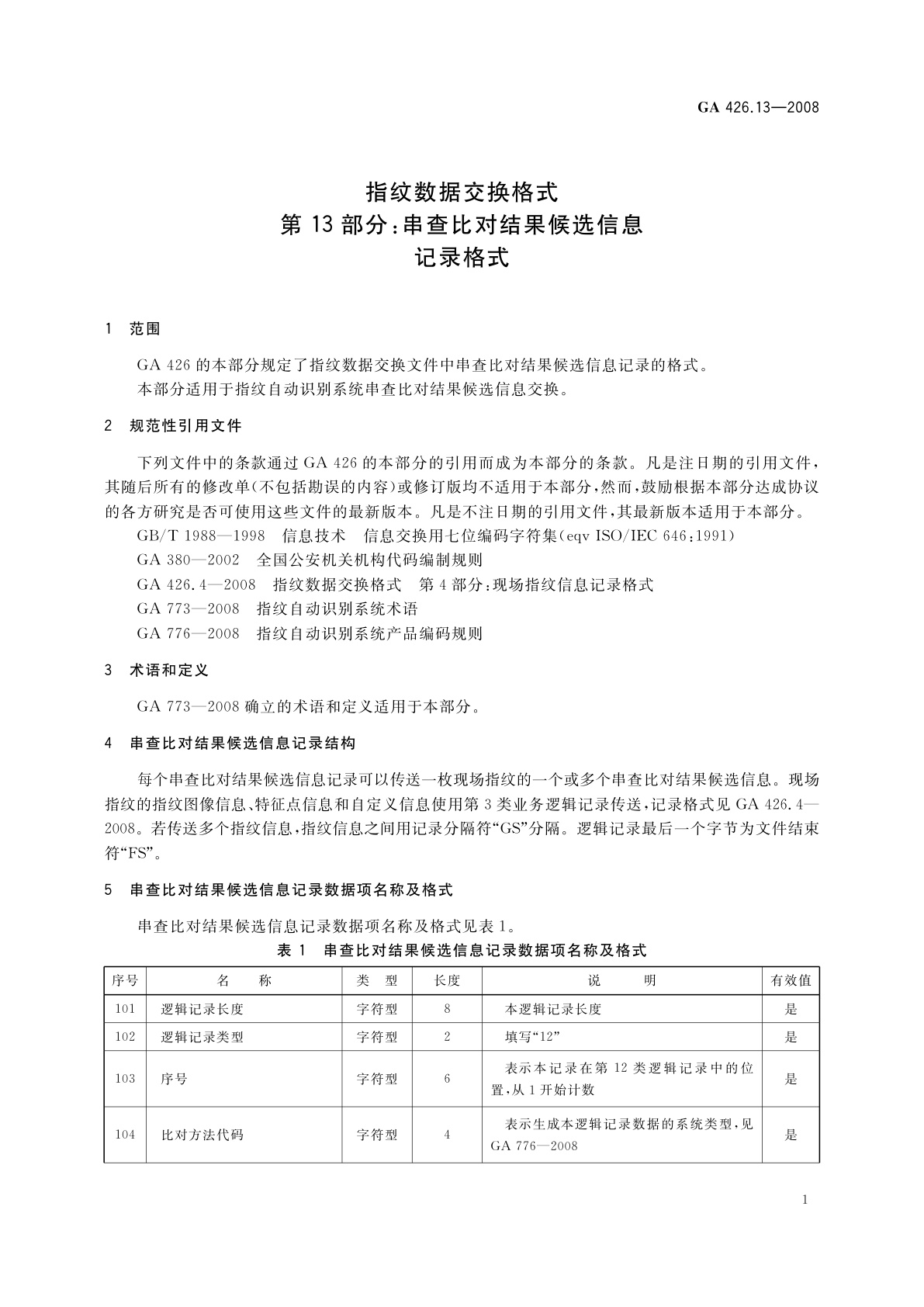 GA 426.13-2008 指纹数据交换格式　第13部分：串查比对结果候选信息记录格式