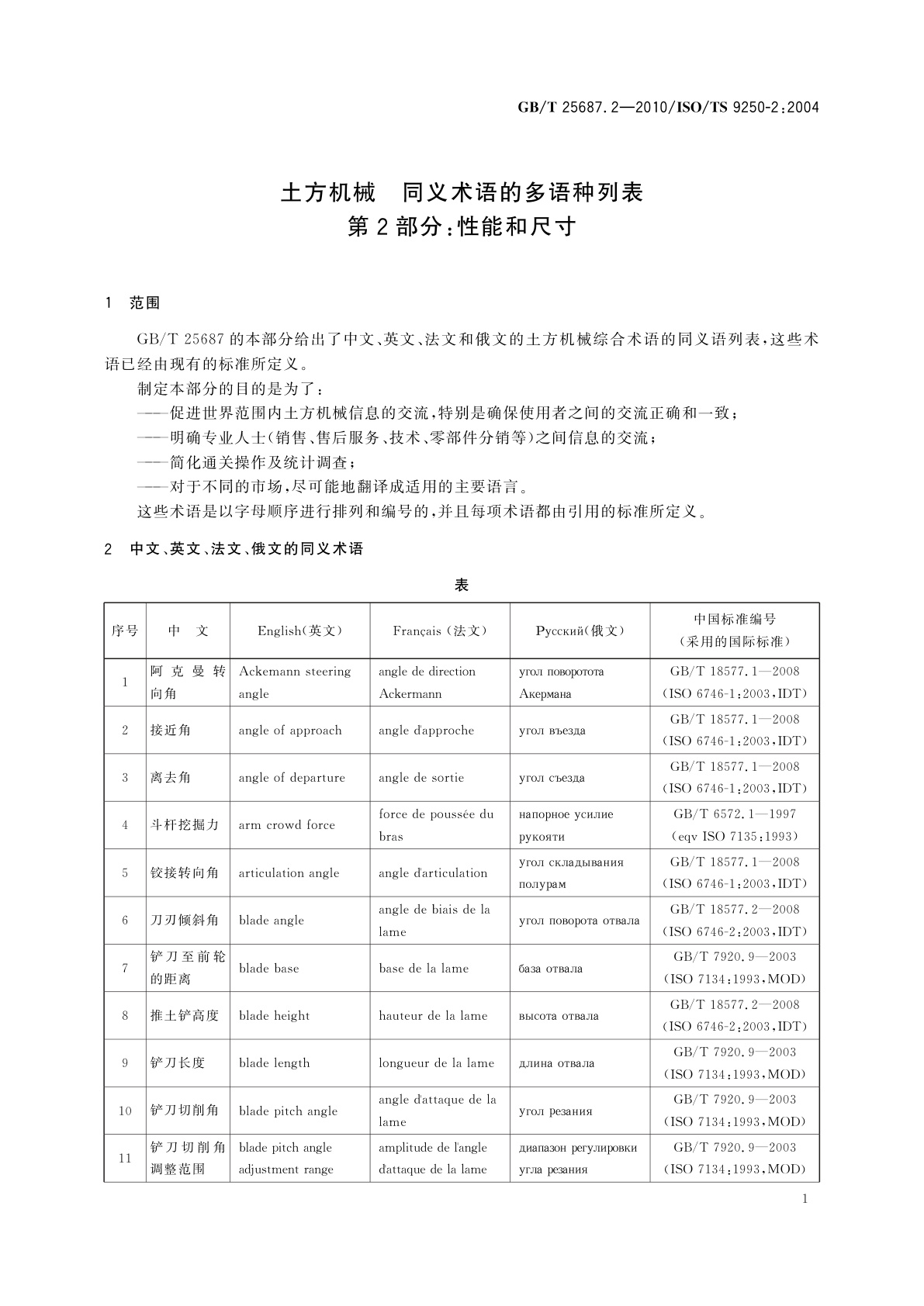 GB/T 25687.2-2010 土方机械　同义术语的多语种列表　第2部分：性能和尺寸