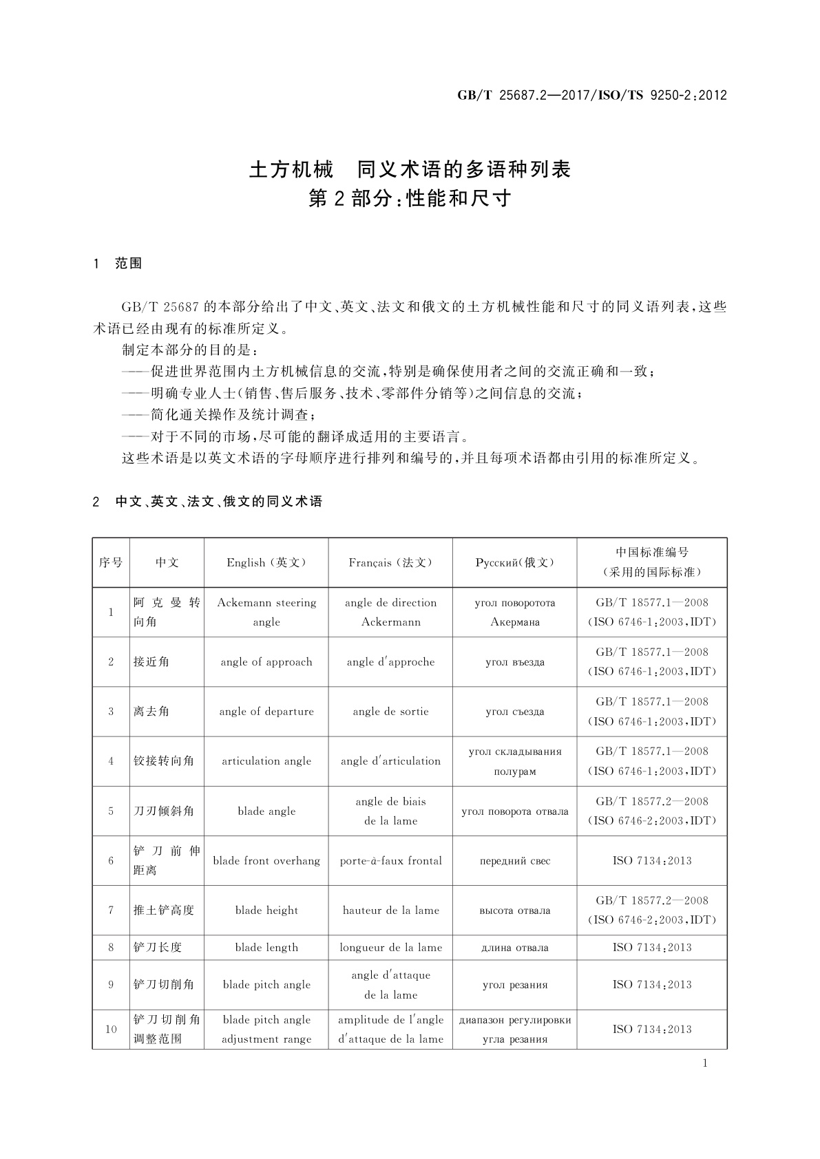 GB/T 25687.2-2017 土方机械　同义术语的多语种列表　第2部分：性能和尺寸