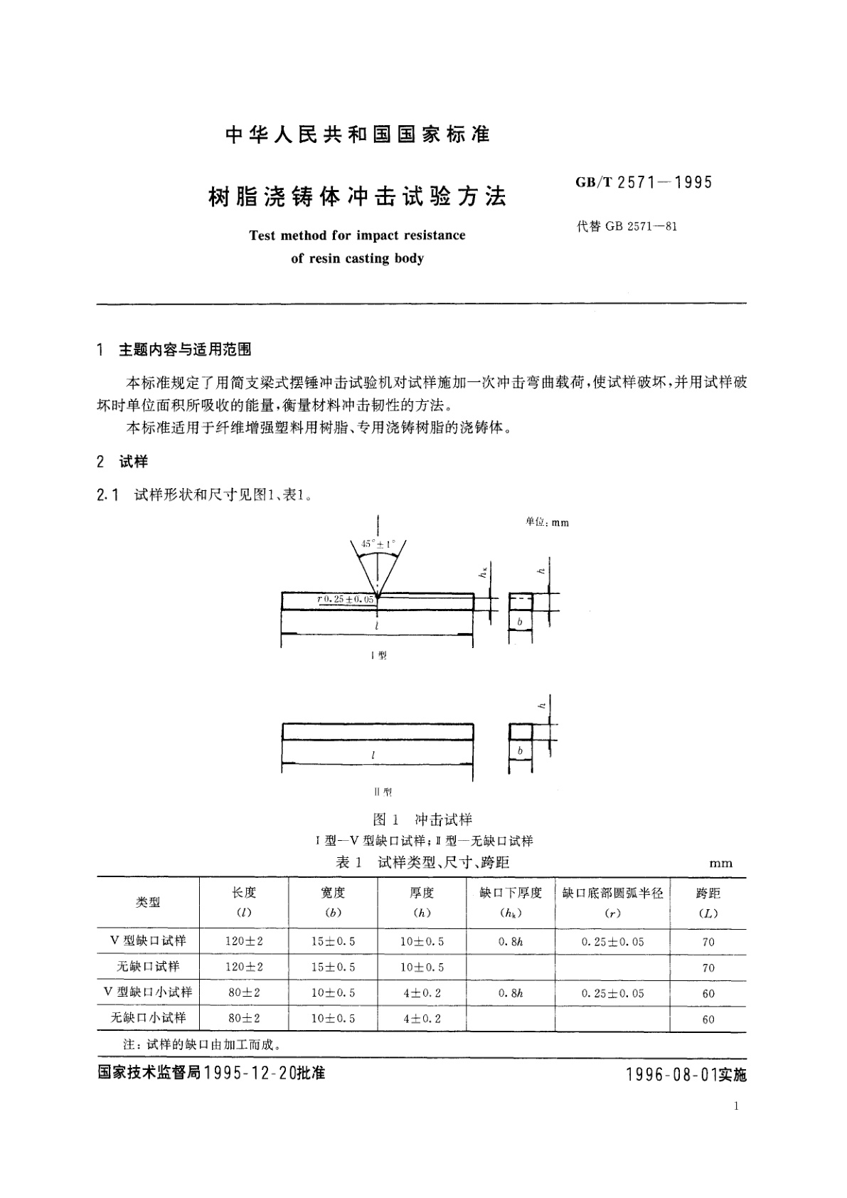 GB/T 2571-1995 树脂浇铸体冲击试验方法