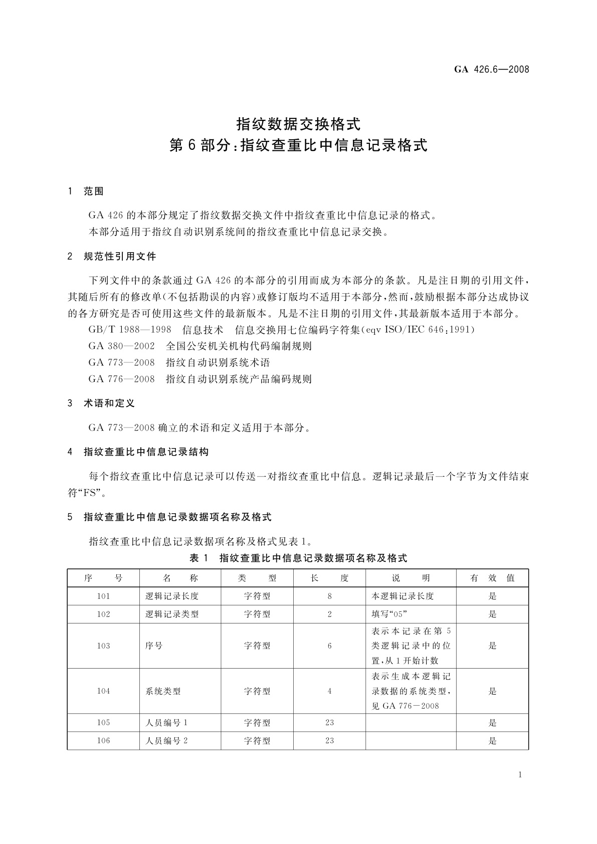 GA 426.6-2008 指纹数据交换格式　第6部分：指纹查重比中信息记录格式