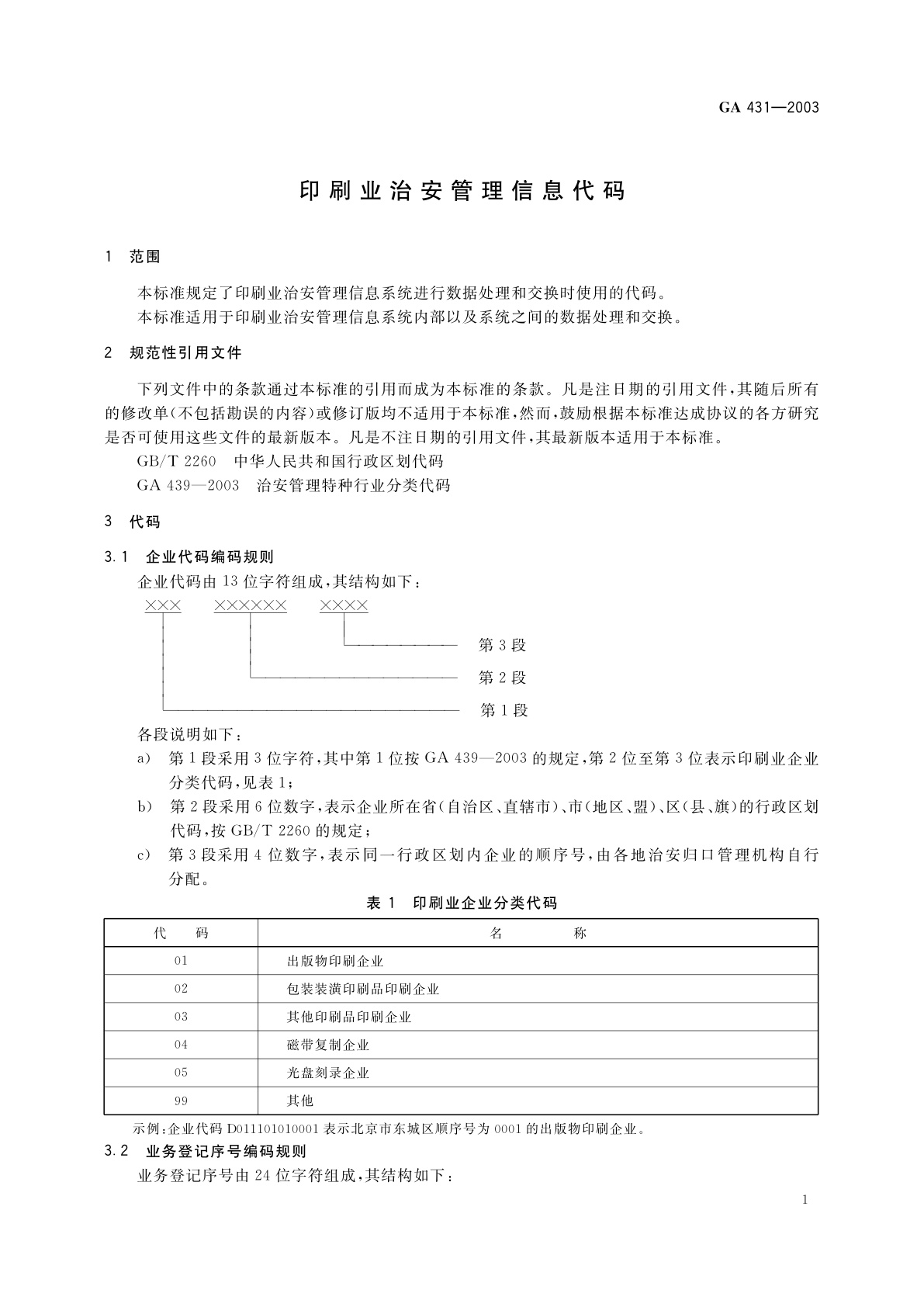 GA 431-2003 印刷业治安管理信息代码