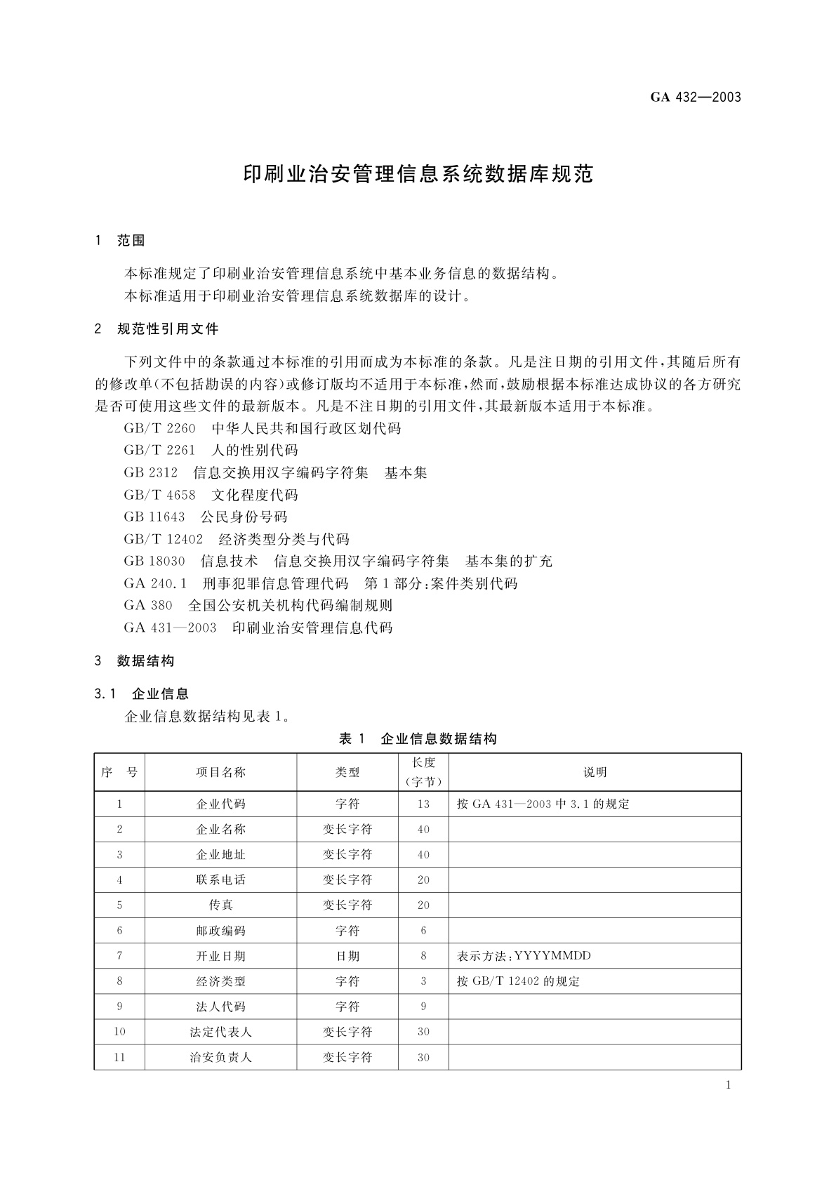 GA 432-2003 印刷业治安管理信息系统数据库规范