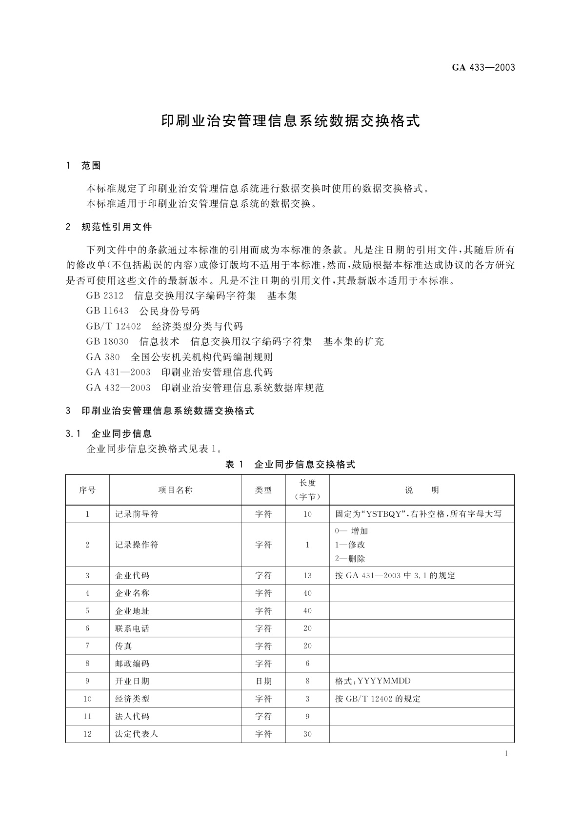 GA 433-2003 印刷业治安管理信息系统数据交换格式
