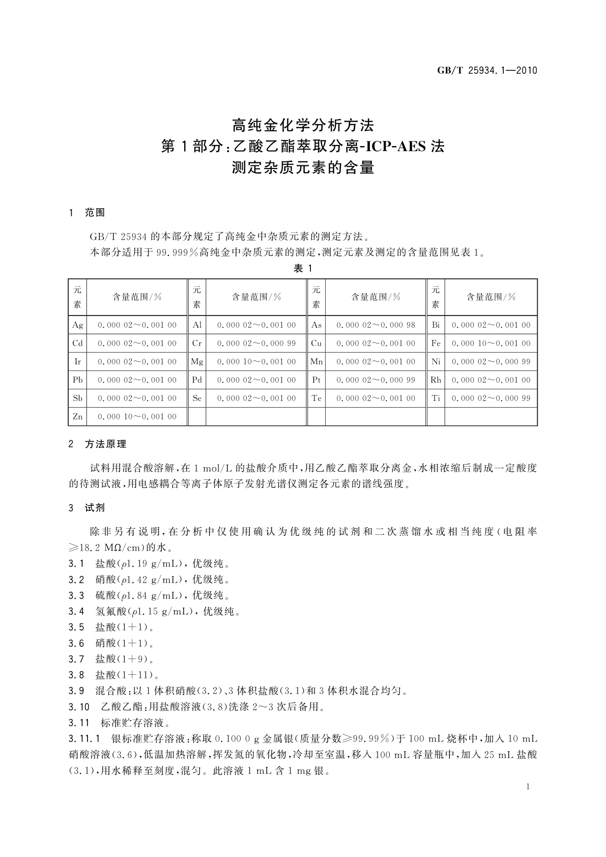 GB/T 25934.1-2010 高纯金化学分析方法　第1部分：乙酸乙酯萃取分离-ICP-AES法　测定杂质元素的含量