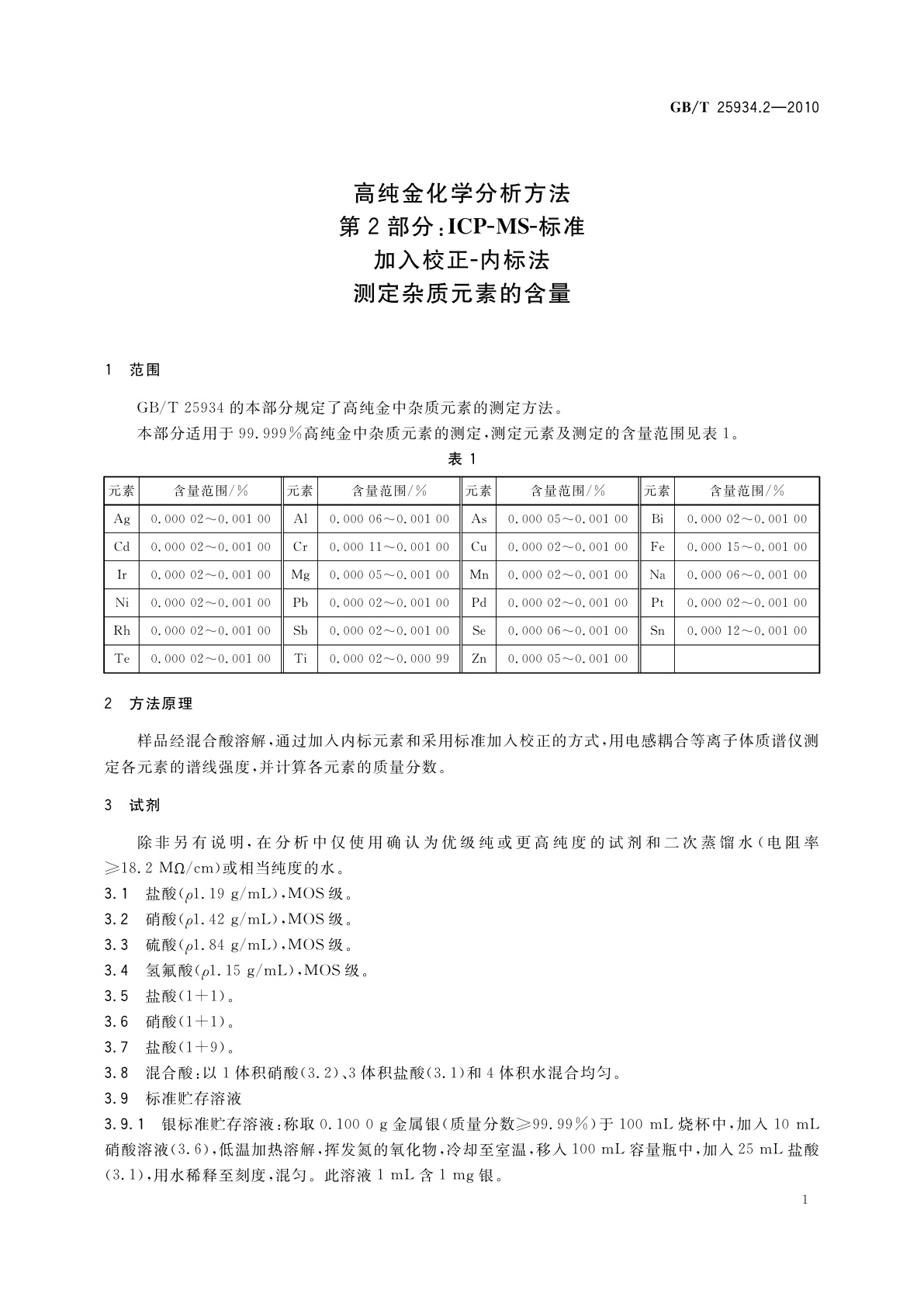 GB/T 25934.2-2010 高纯金化学分析方法　第2部分：ICP-MS-标准加入校正-内标法　测定杂质元素的含量