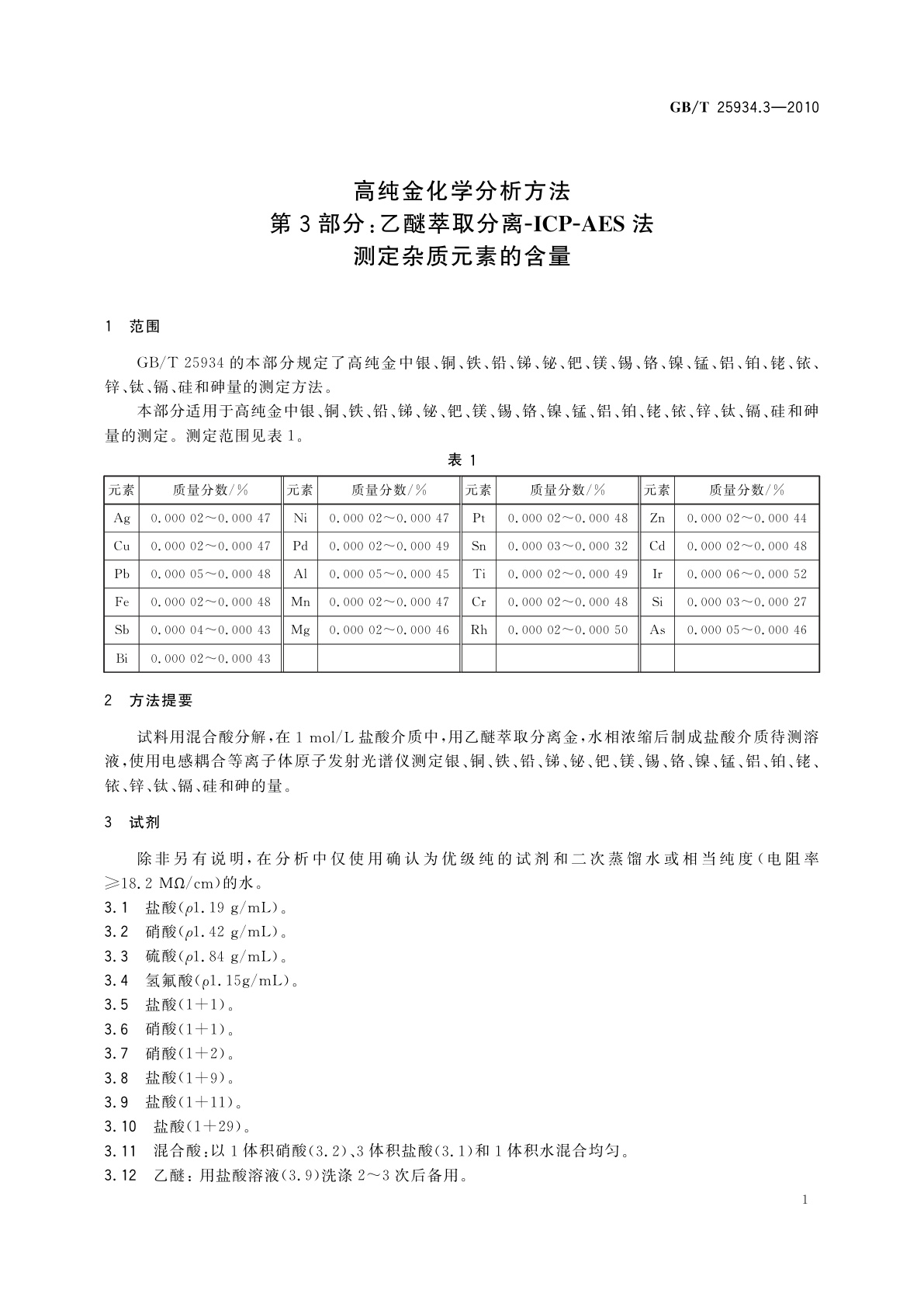 GB/T 25934.3-2010 高纯金化学分析方法　第3部分：乙醚萃取分离-ICP-AES法　测定杂质元素的含量