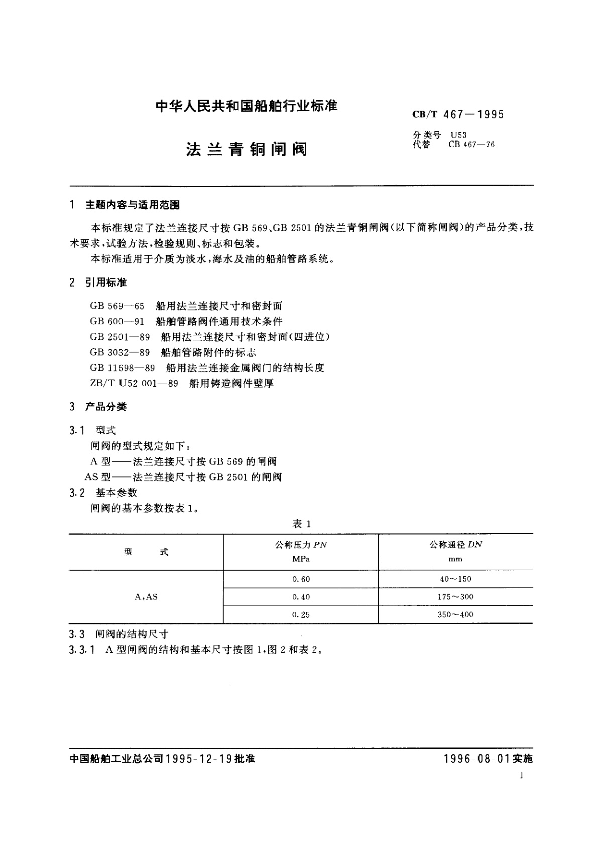 CB/T 467-1995 法兰青铜闸阀
