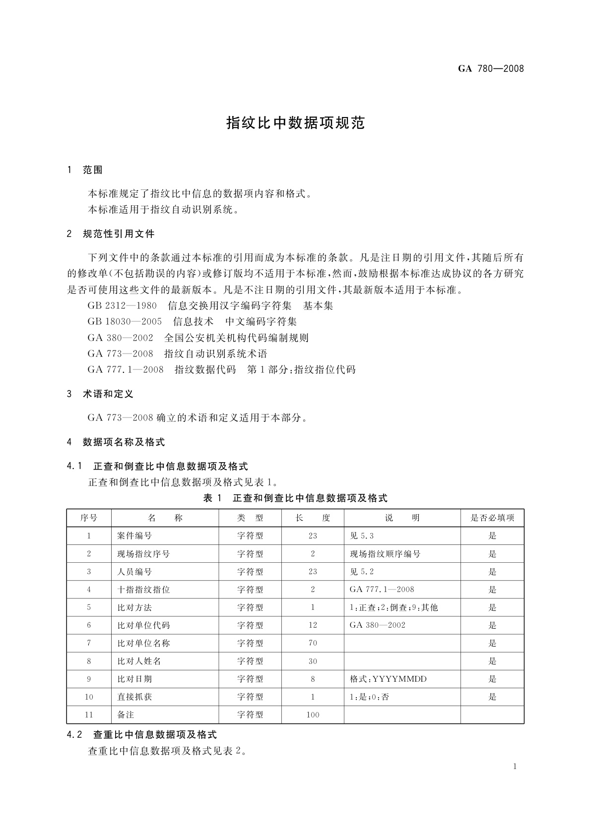 GA 780-2008 指纹比中数据项规范