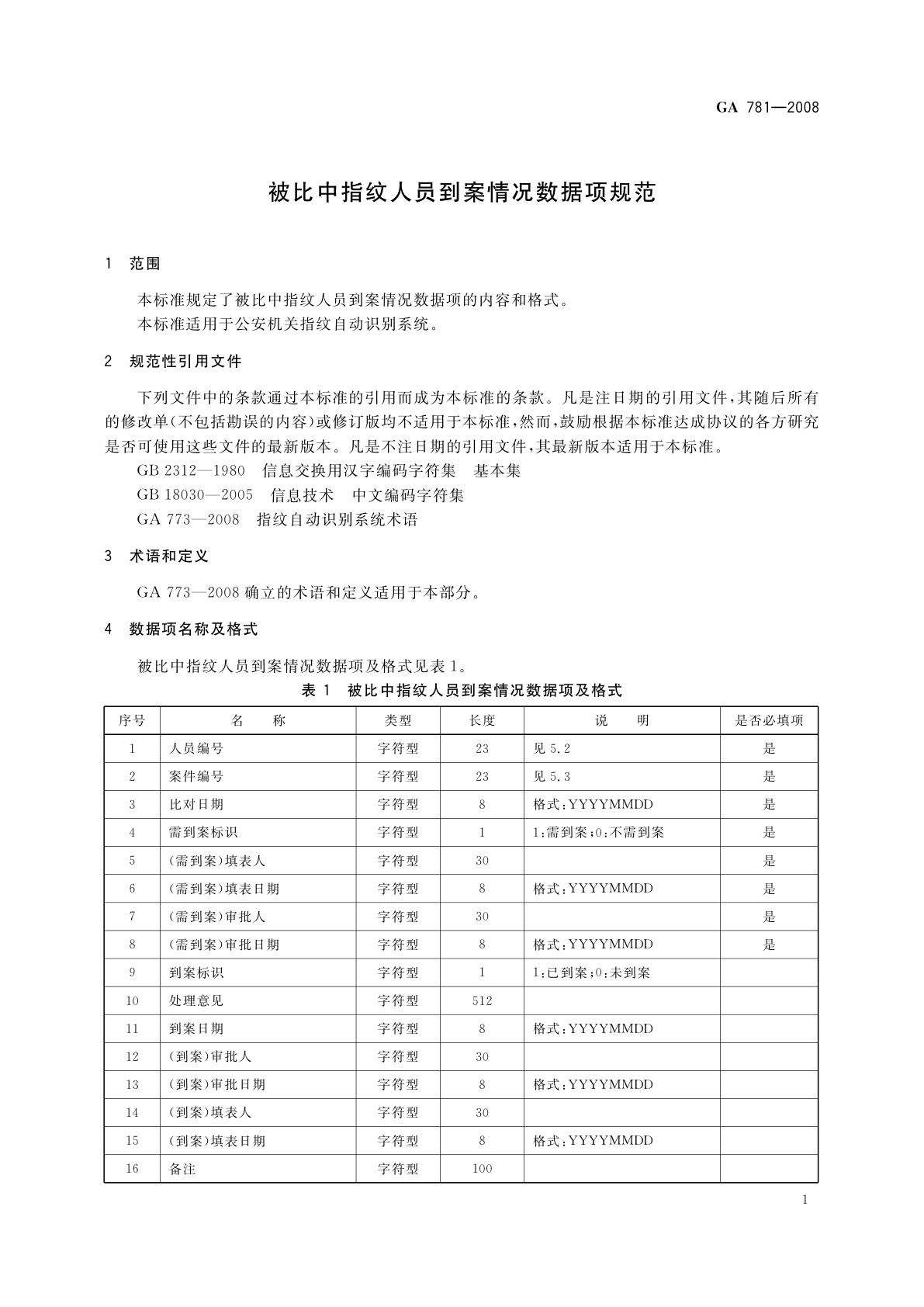 GA 781-2008 被比中指纹人员到案情况数据项规范