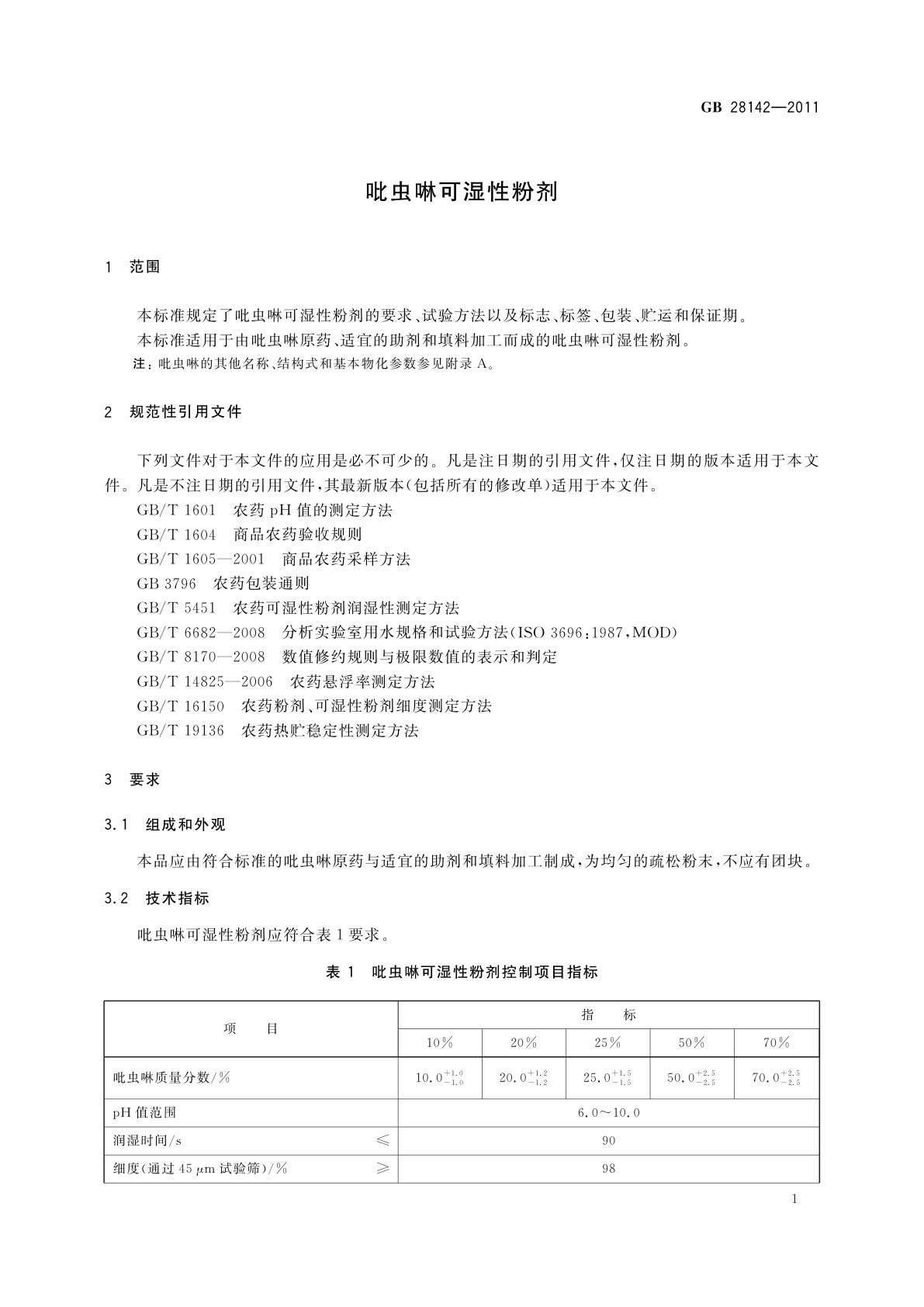 GB/T 28142-2011 吡虫啉可湿性粉剂