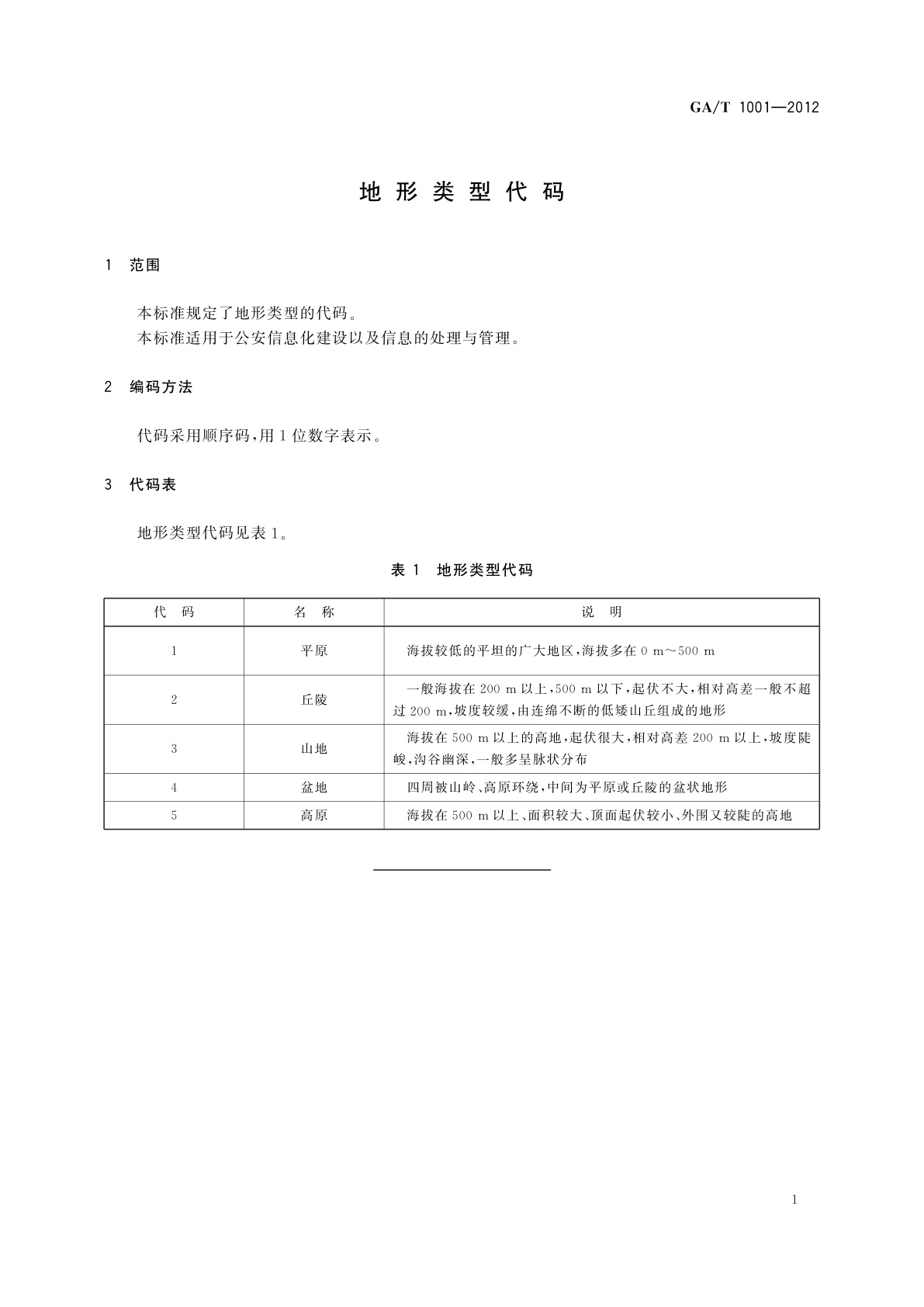 GA/T 1001-2012 地形类型代码