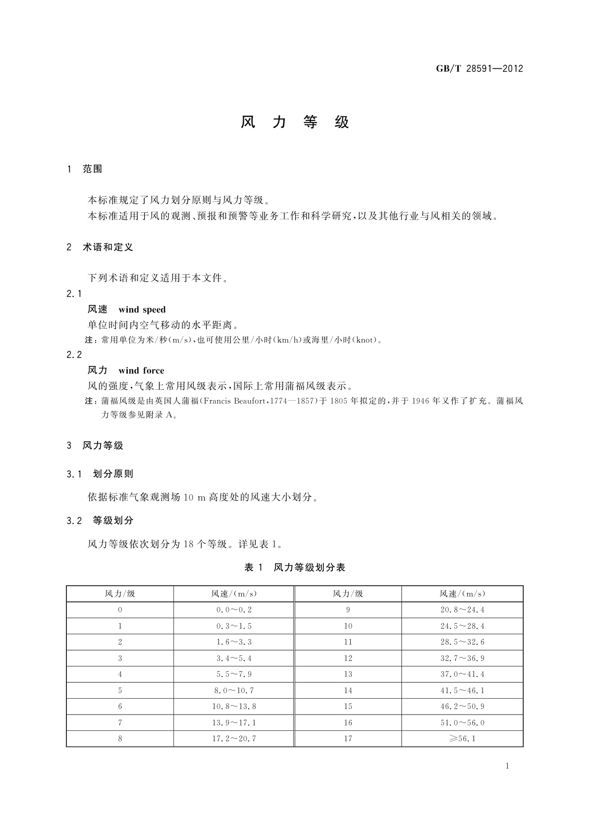 GB/T 28591-2012 风力等级