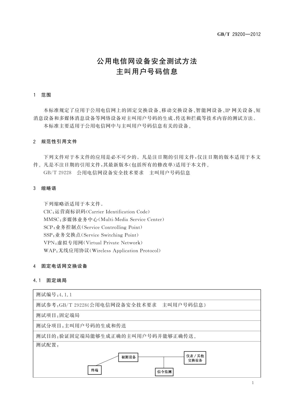 GB/T 29200-2012 公用电信网设备安全测试方法　主叫用户号码信息