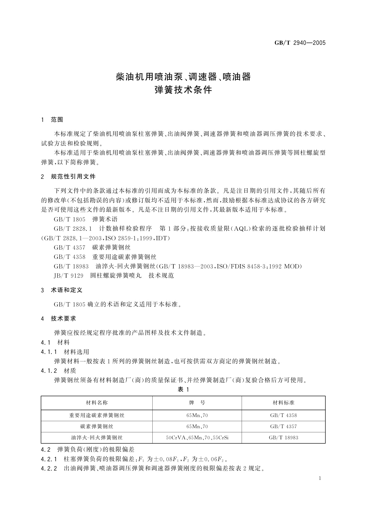 GB/T 2940-2005 柴油机用喷油泵、调速器、喷油器弹簧技术条件