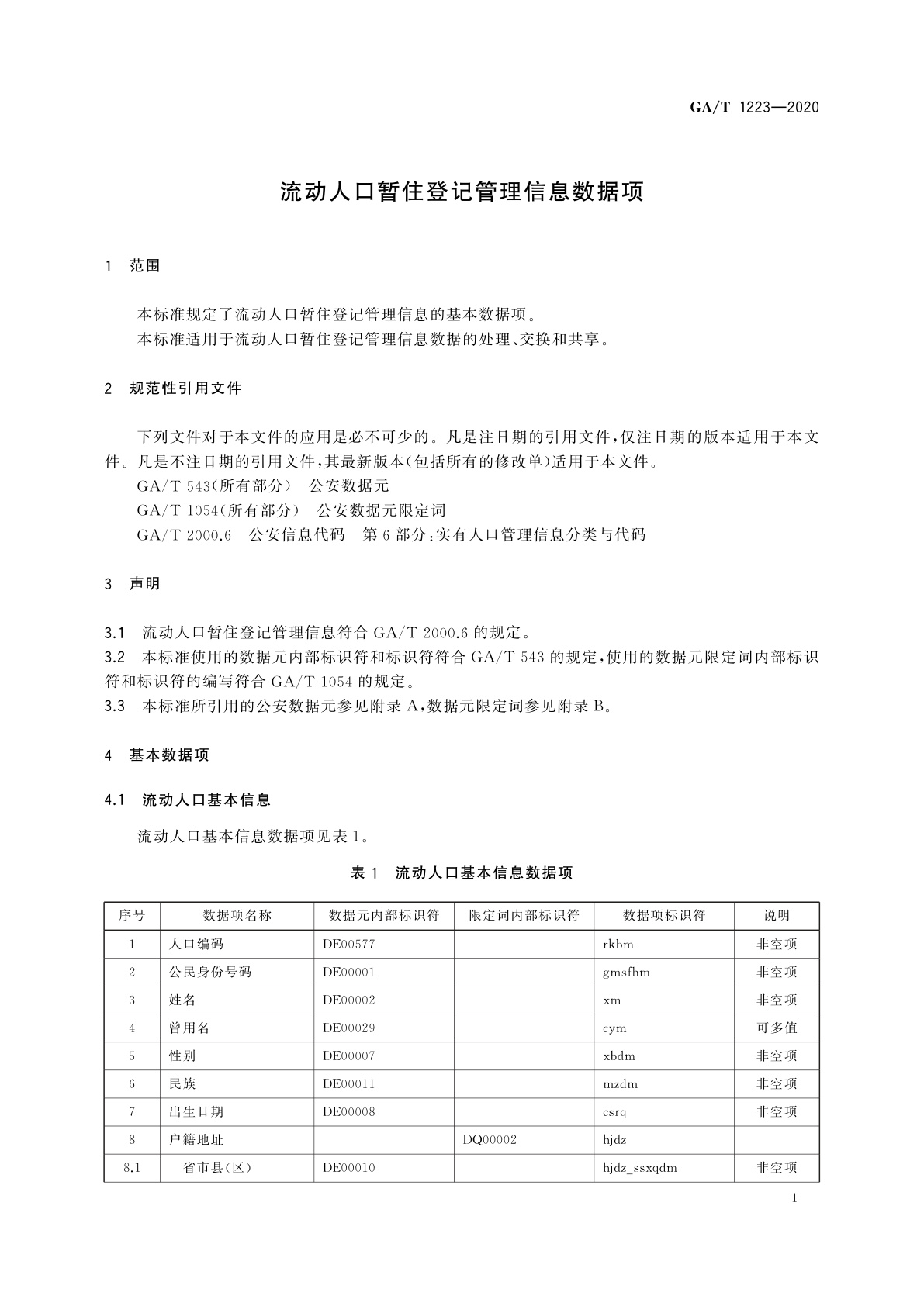 GA/T 1223-2020 流动人口暂住登记管理信息数据项