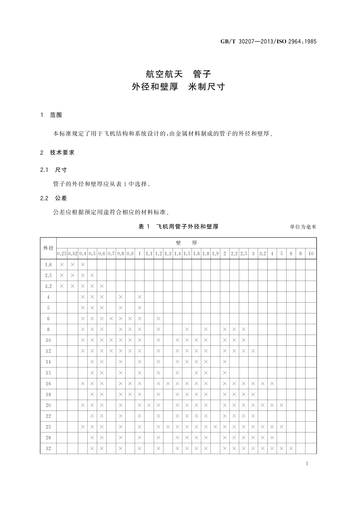 GB/T 30207-2013 航空航天　管子　外径和壁厚　米制尺寸