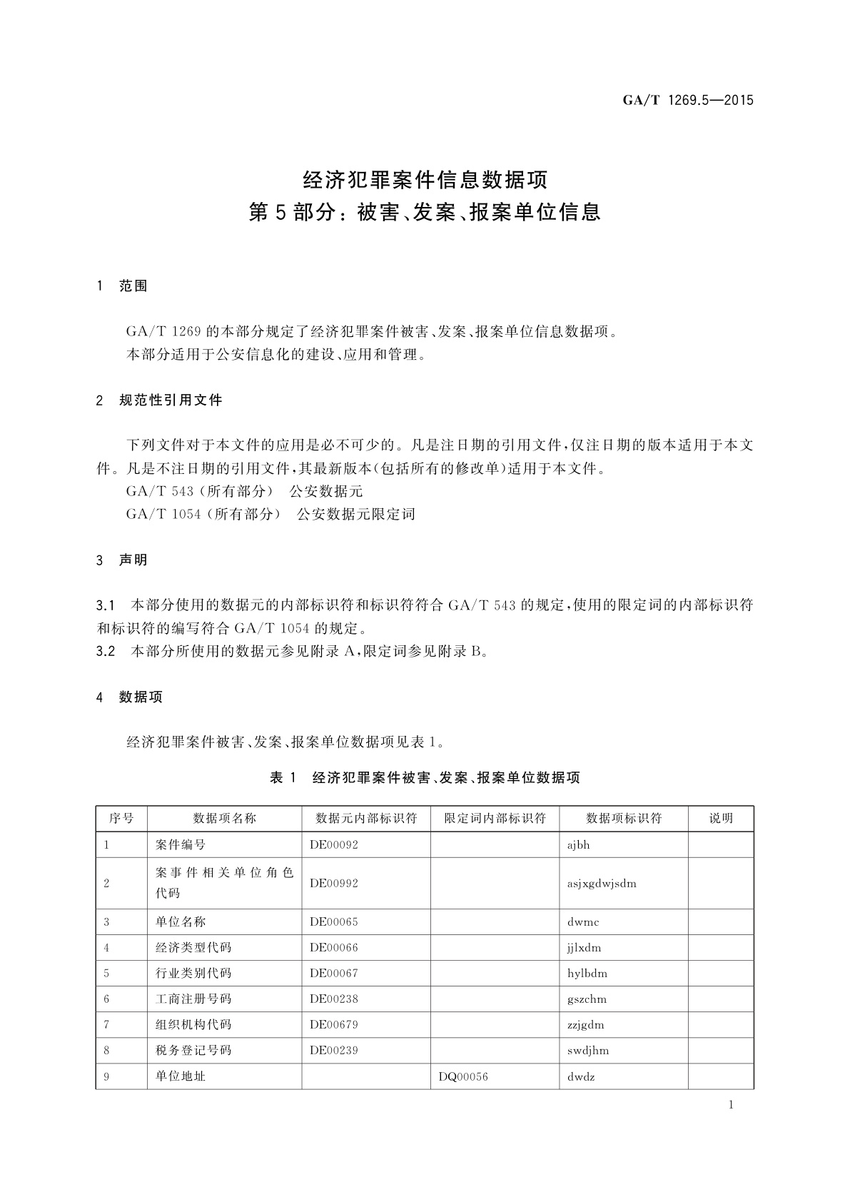 GA/T 1269.5-2015 经济犯罪案件信息数据项　第5部分：被害、发案、报案单位信息