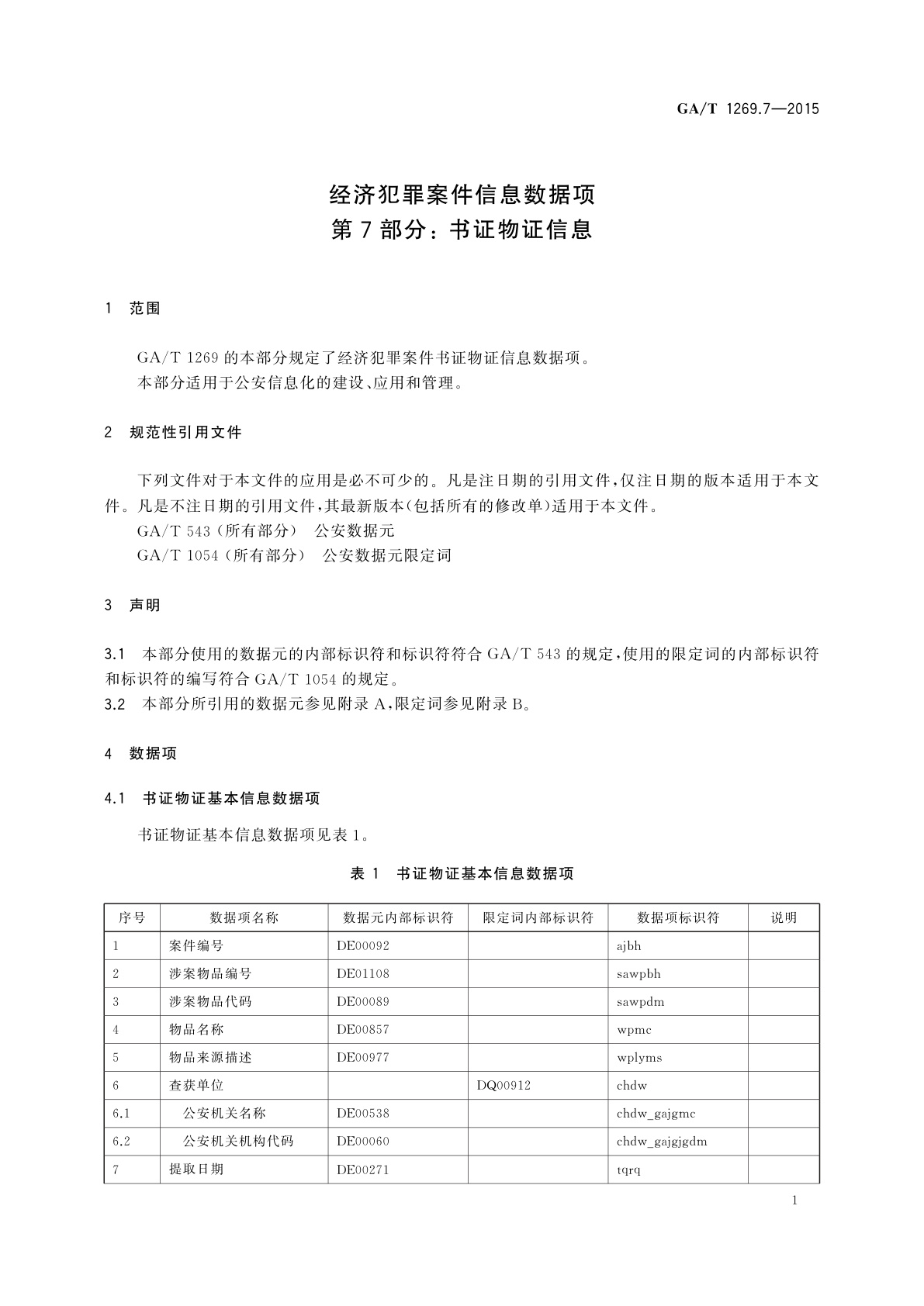 GA/T 1269.7-2015 经济犯罪案件信息数据项　第7部分：书证物证信息