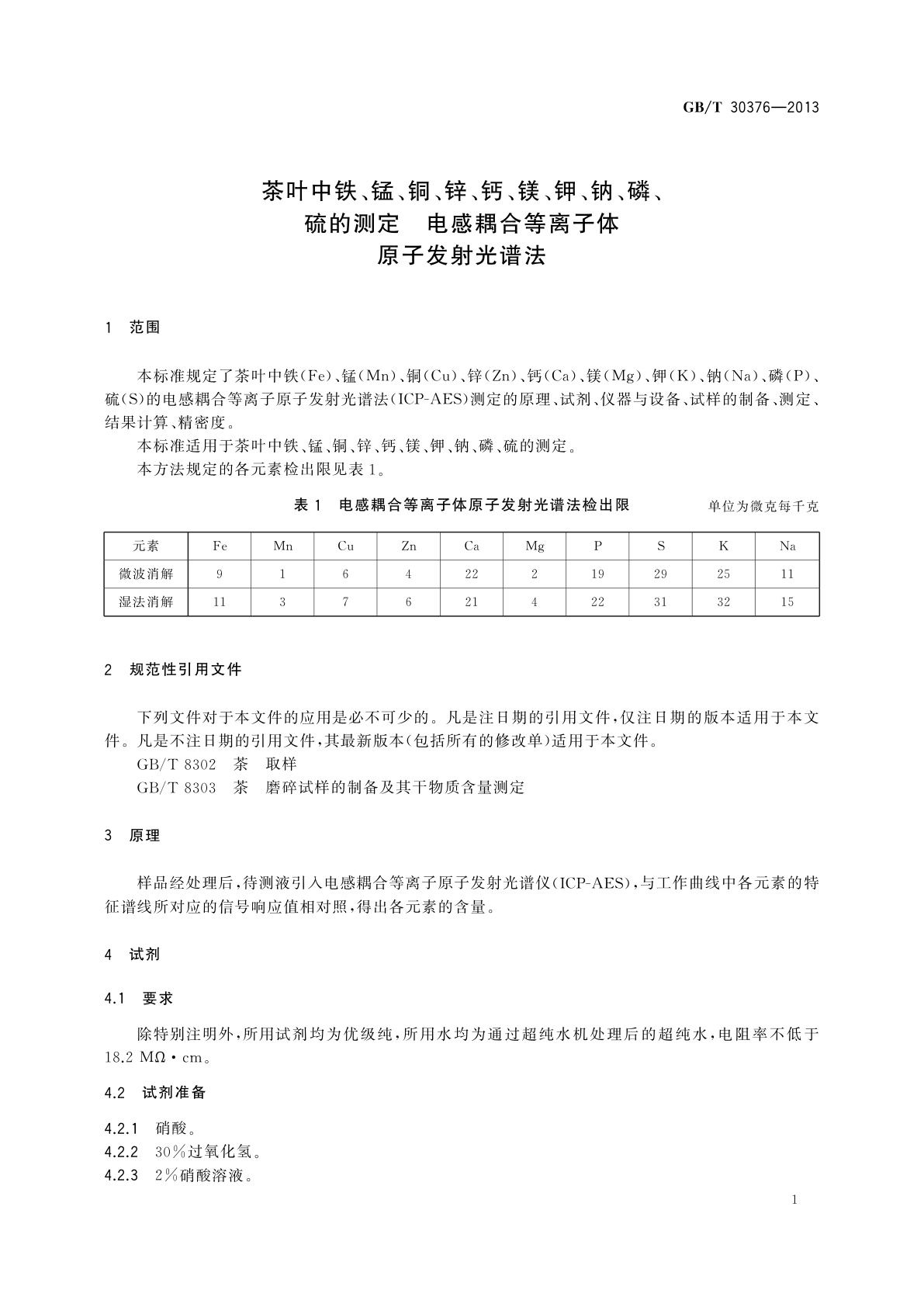 GB/T 30376-2013 茶叶中铁、锰、铜、锌、钙、镁、钾、钠、磷、硫的测定　电感耦合等离子体原子发射光谱法