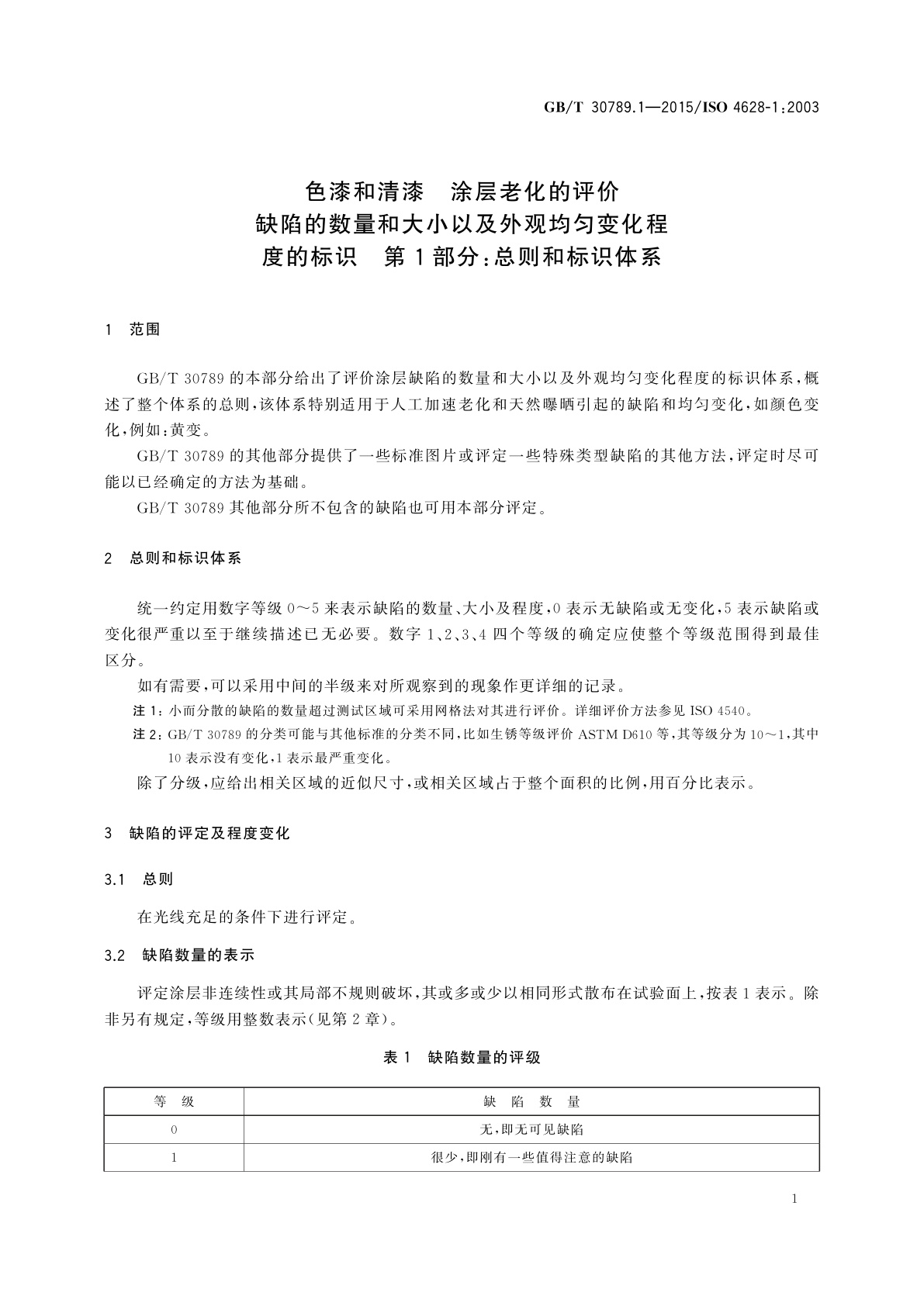 GB/T 30789.1-2015 色漆和清漆　涂层老化的评价缺陷的数量和大小以及外观均匀变化程度的标识　第1部分：总则和标识体系
