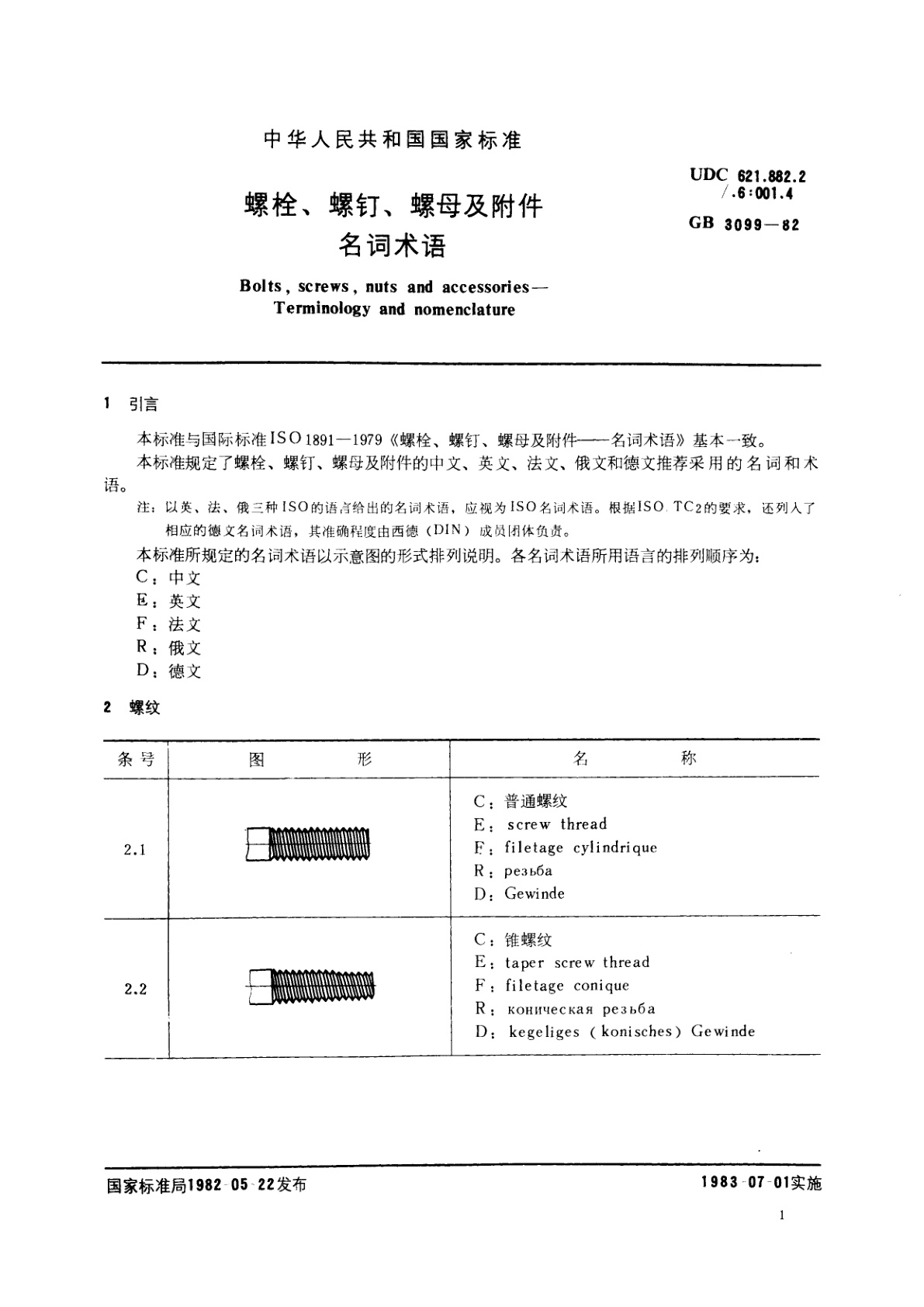 GB/T 3099-1982 螺栓、螺钉、螺母及附件名词术语