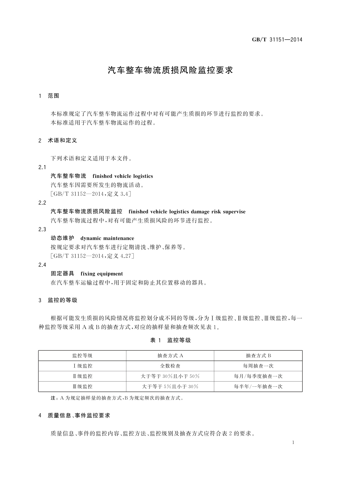 GB/T 31151-2014 汽车整车物流质损风险监控要求