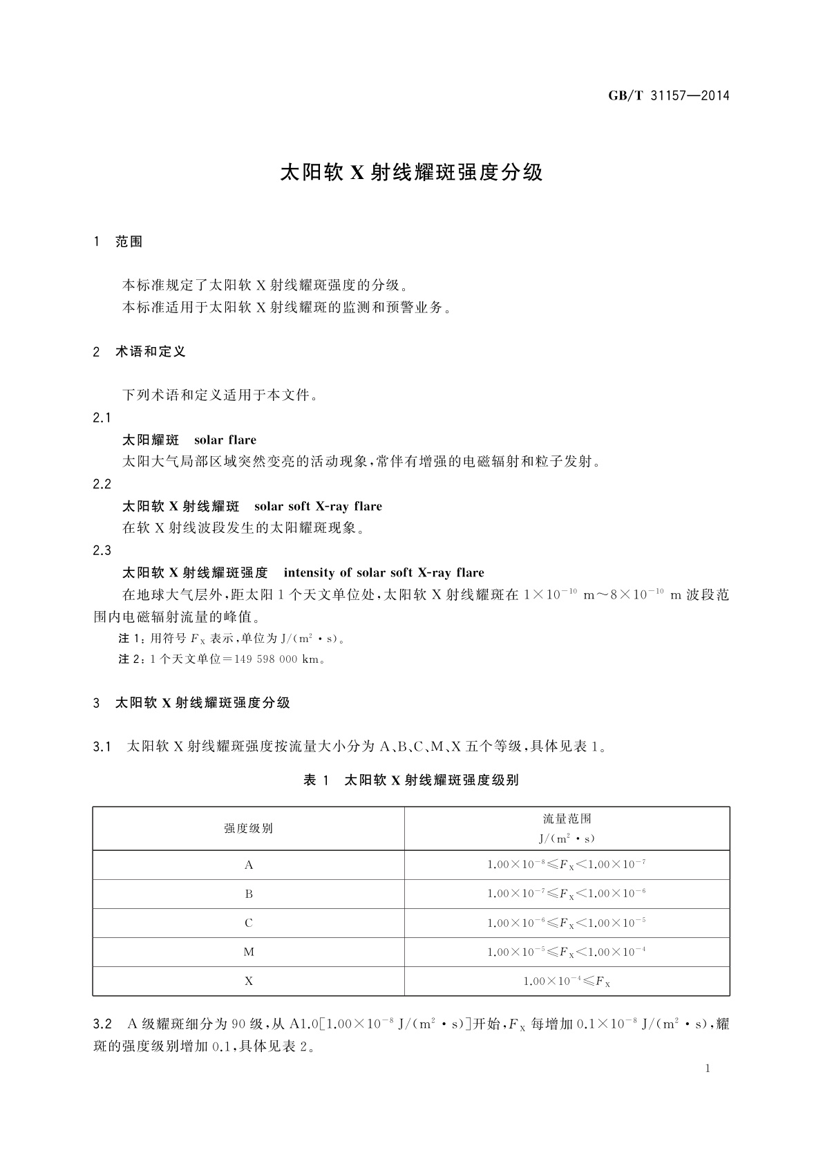 GB/T 31157-2014 太阳软X射线耀斑强度分级
