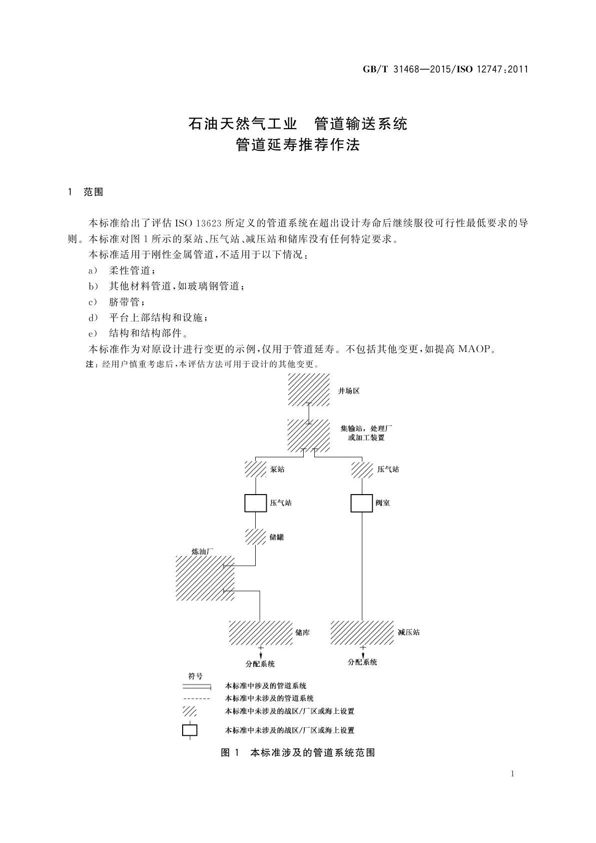 GB/T 31468-2015 石油天然气工业　管道输送系统管道延寿推荐作法
