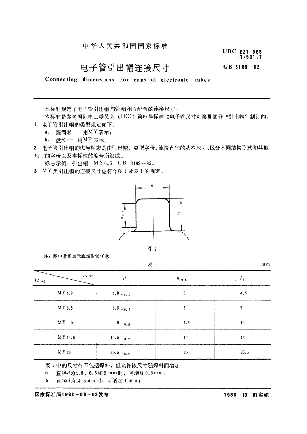 GB/T 3189-1982 电子管引出帽连接尺寸