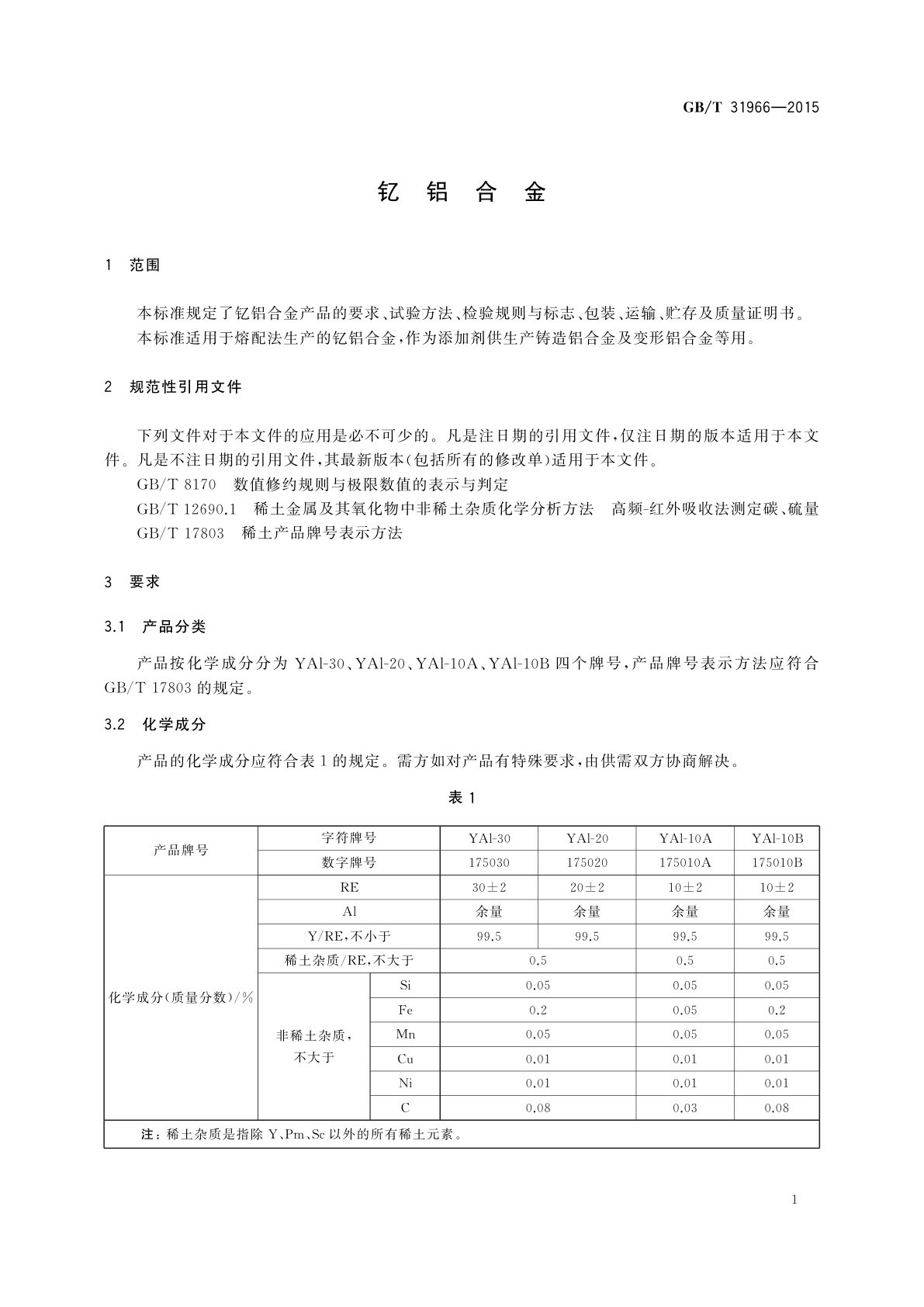 GB/T 31966-2015 钇铝合金