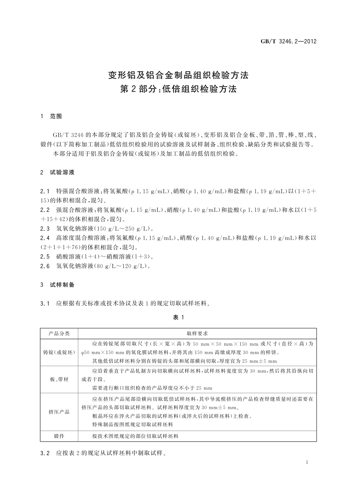 GB/T 3246.2-2012 变形铝及铝合金制品组织检验方法　第2部分：低倍组织检验方法
