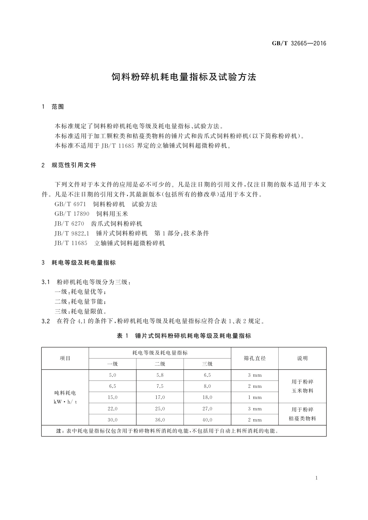 GB/T 32665-2016 饲料粉碎机耗电量指标及试验方法