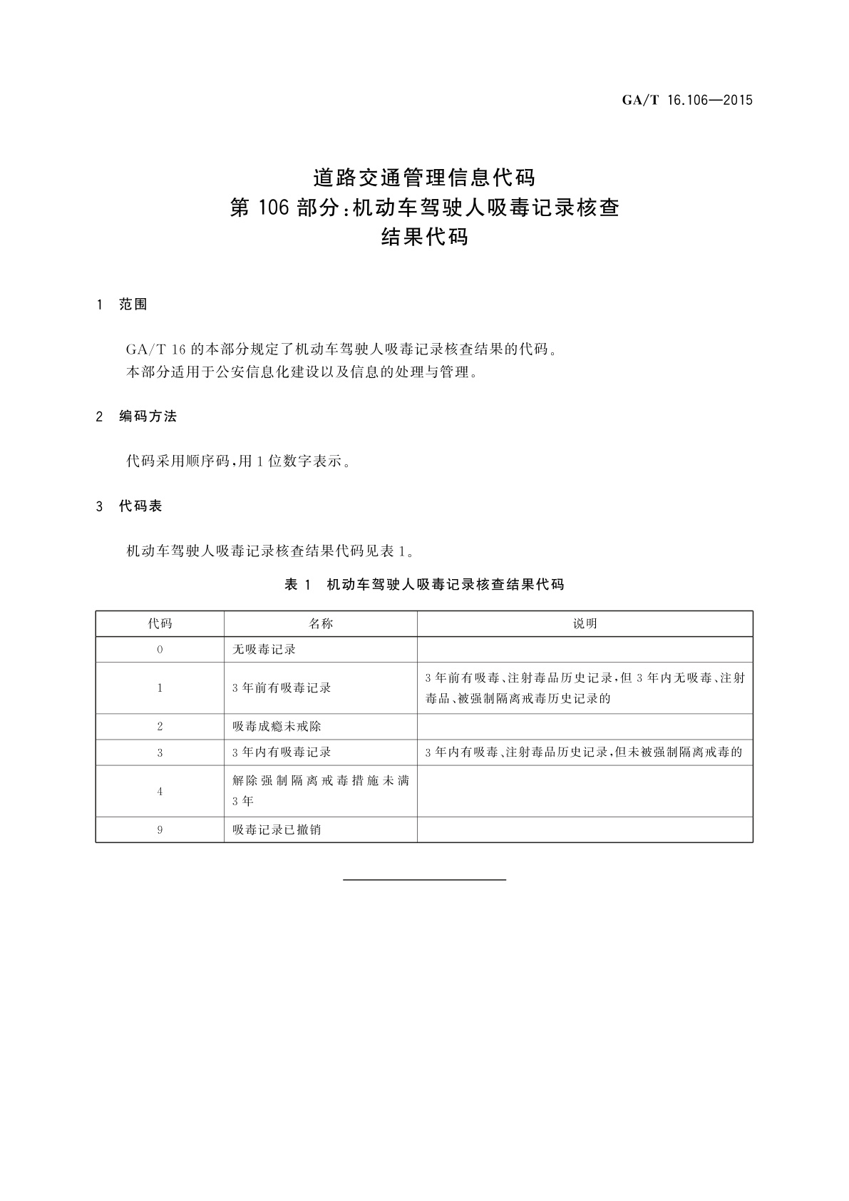 GA/T 16.106-2015 道路交通管理信息代码　第106部分：机动车驾驶人吸毒记录核查结果代码
