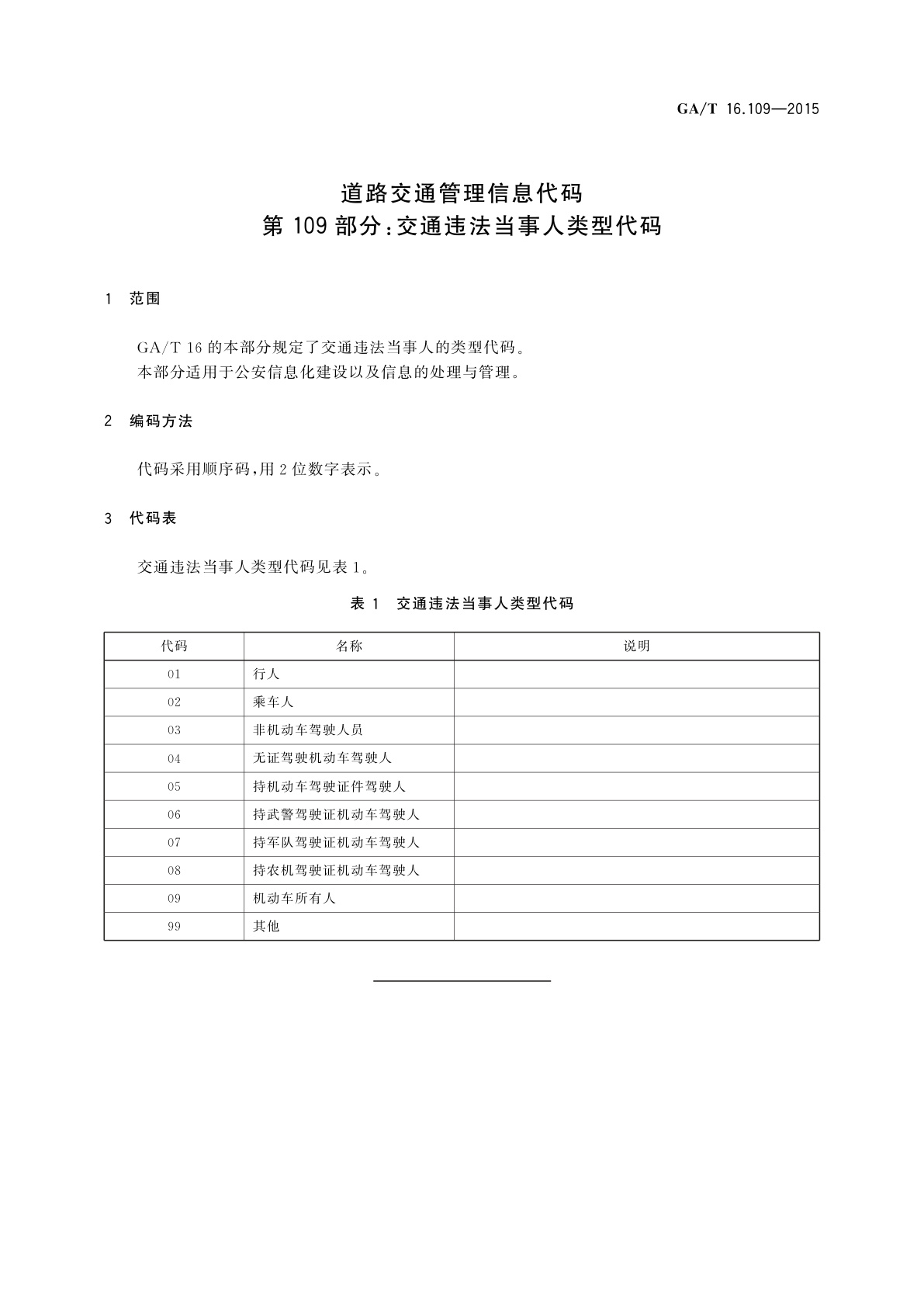 GA/T 16.109-2015 道路交通管理信息代码　第109部分：交通违法当事人类型代码