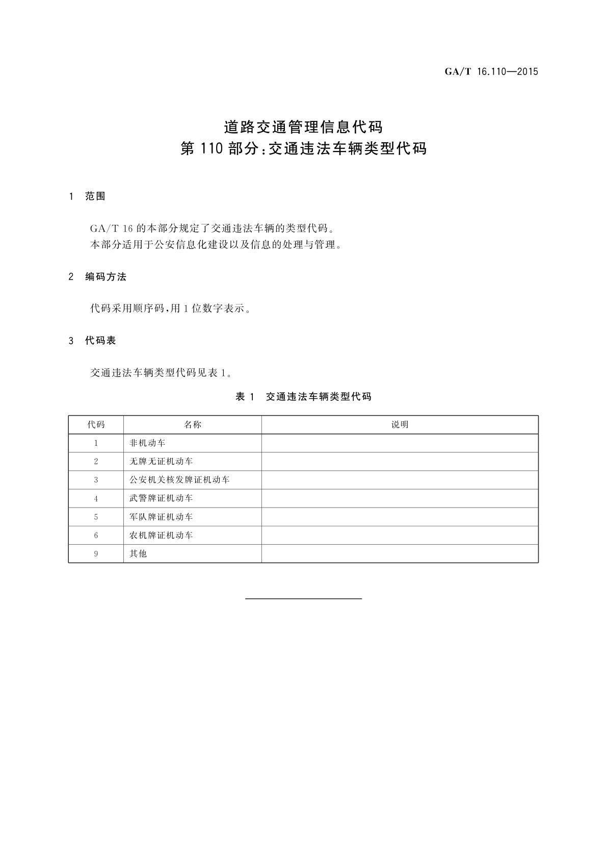 GA/T 16.110-2015 道路交通管理信息代码　第110部分：交通违法车辆类型代码