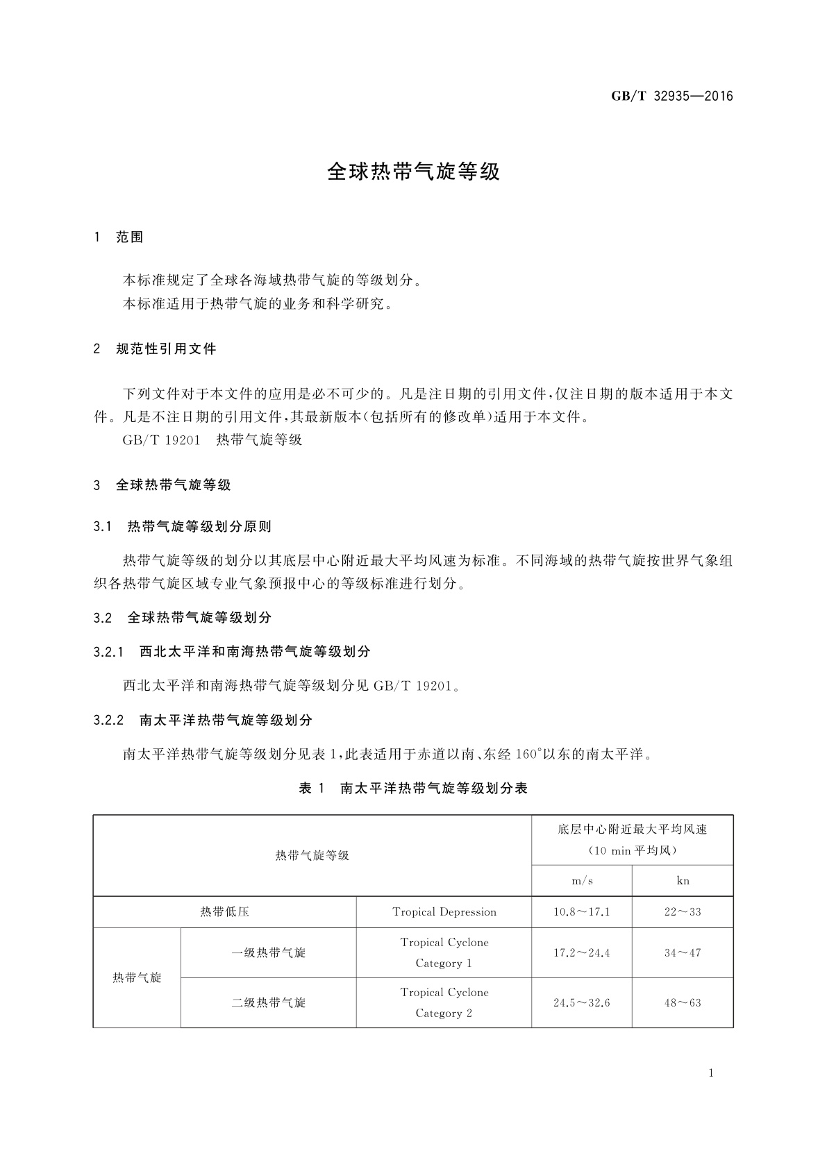 GB/T 32935-2016 全球热带气旋等级