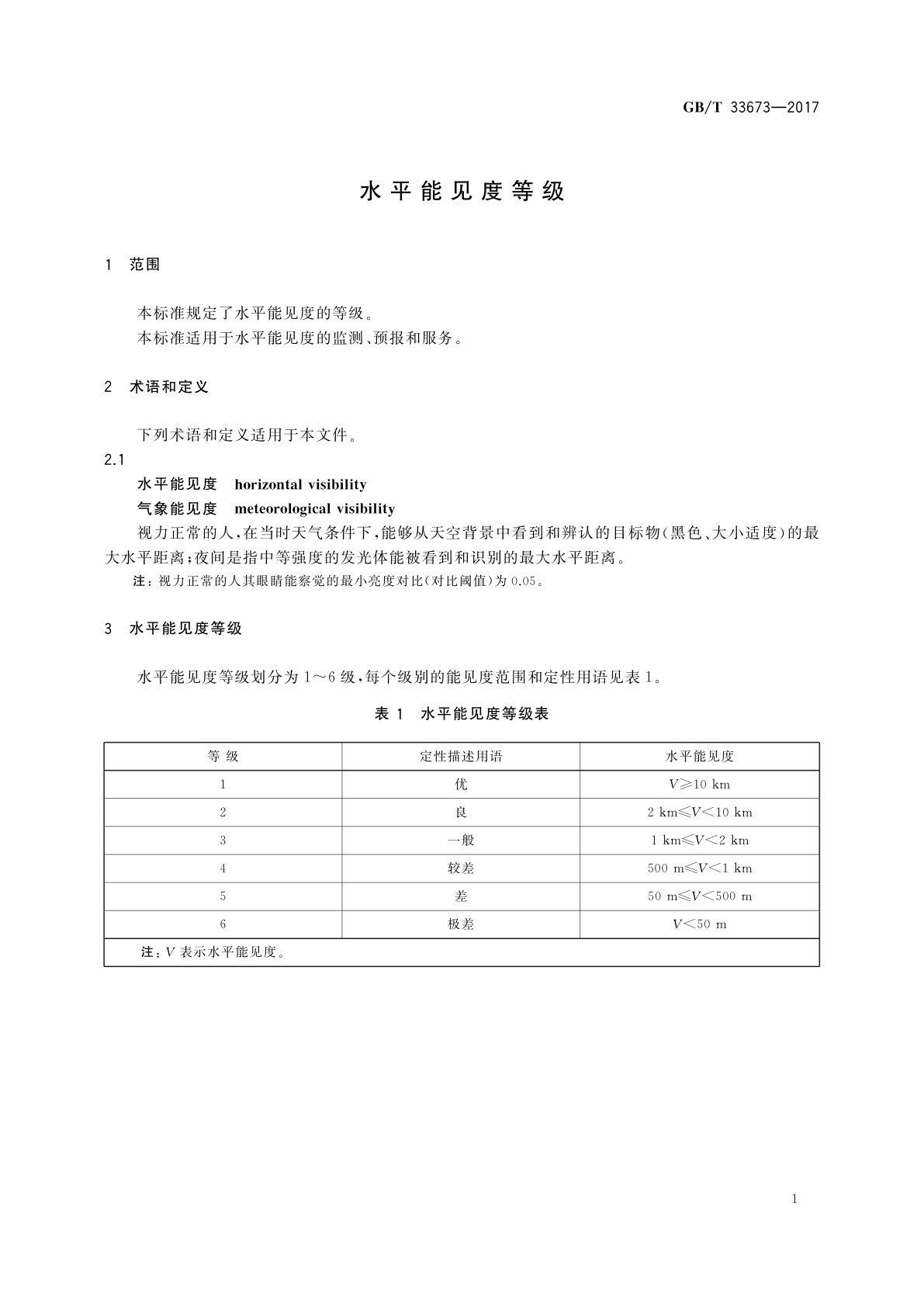 GB/T 33673-2017 水平能见度等级
