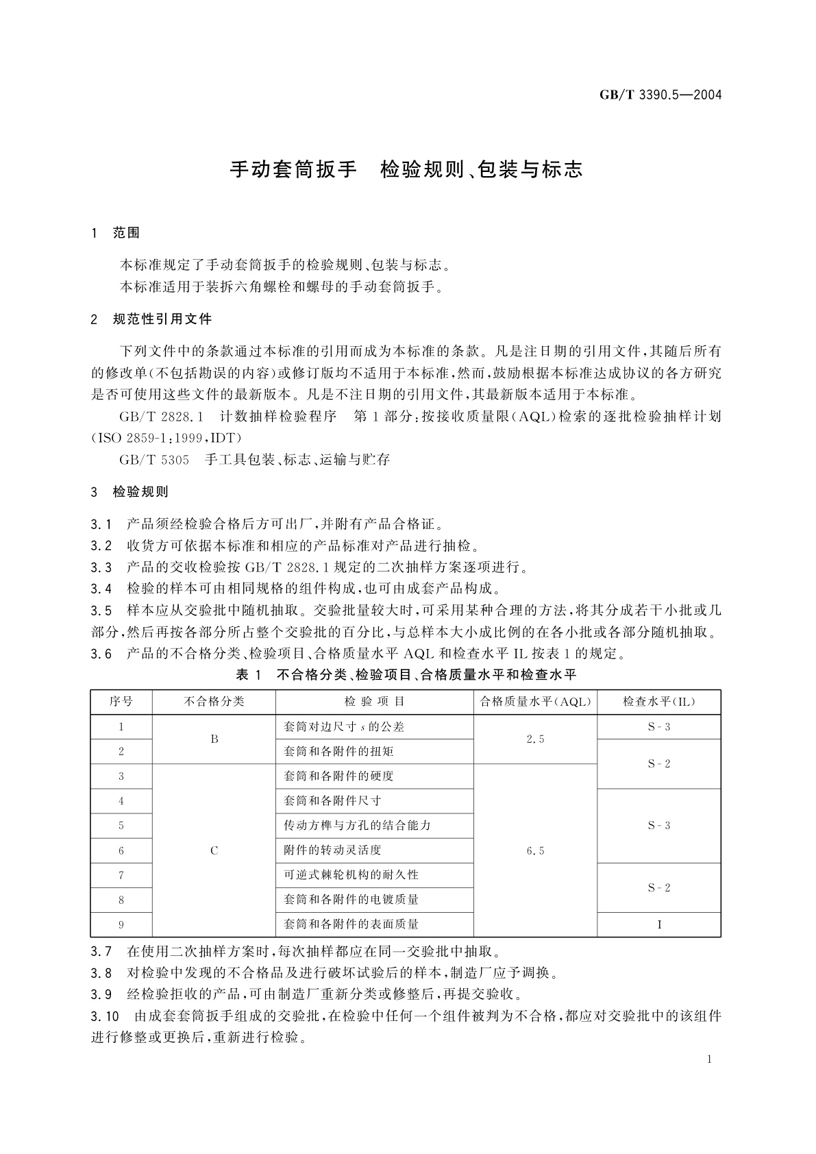 GB/T 3390.5-2004 手动套筒扳手　检验规则、包装与标志