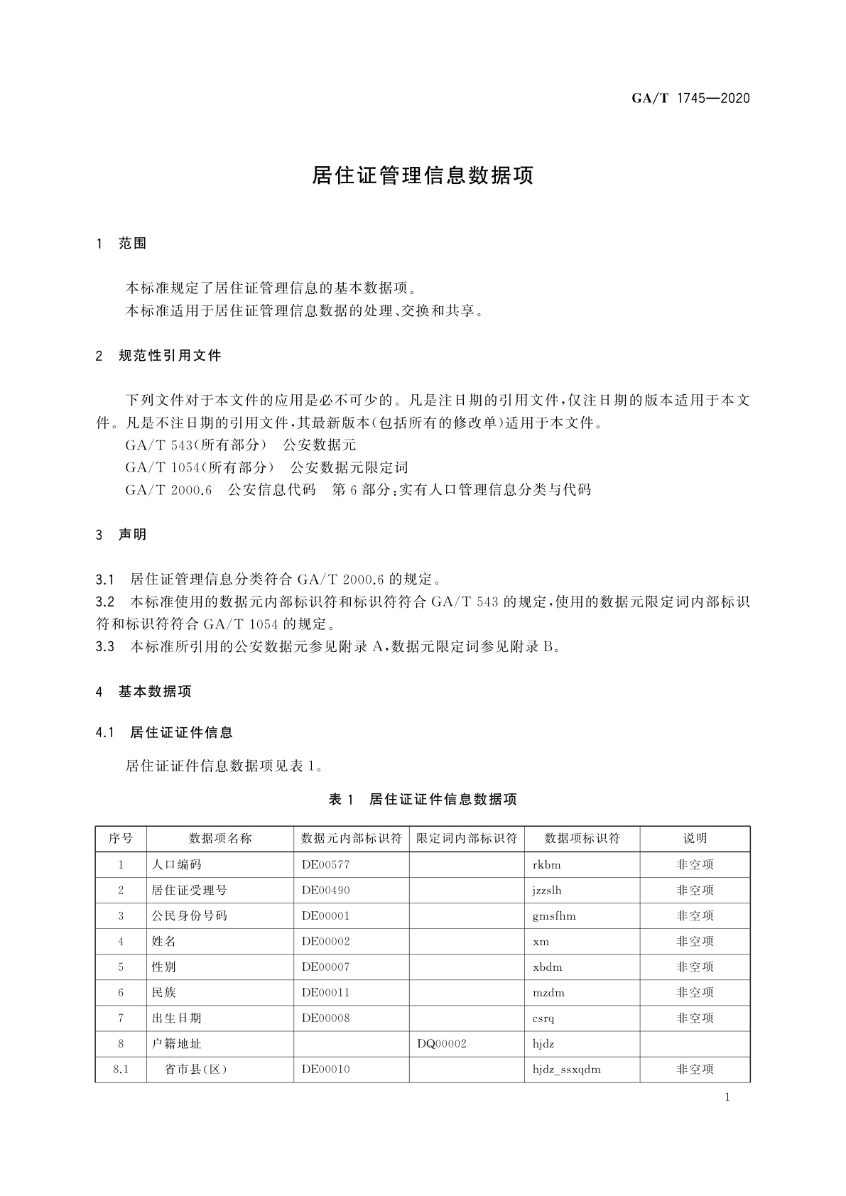 GA/T 1745-2020 居住证管理信息数据项