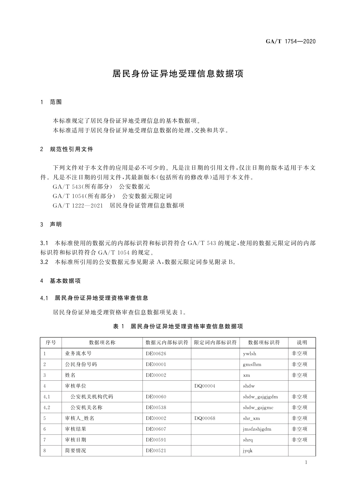 GA/T 1754-2020 居民身份证异地受理信息数据项