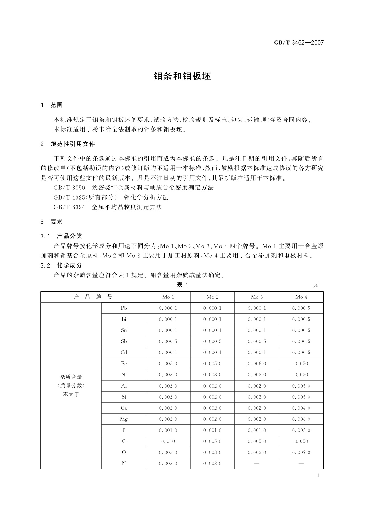 GB/T 3462-2007 钼条和钼板坯